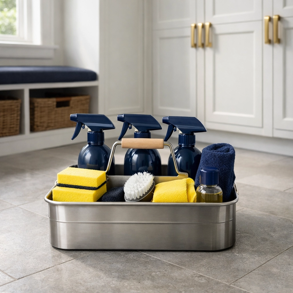 Professional cleaning caddy with eco-friendly supplies on a spotless stone floor in a Scituate residence.