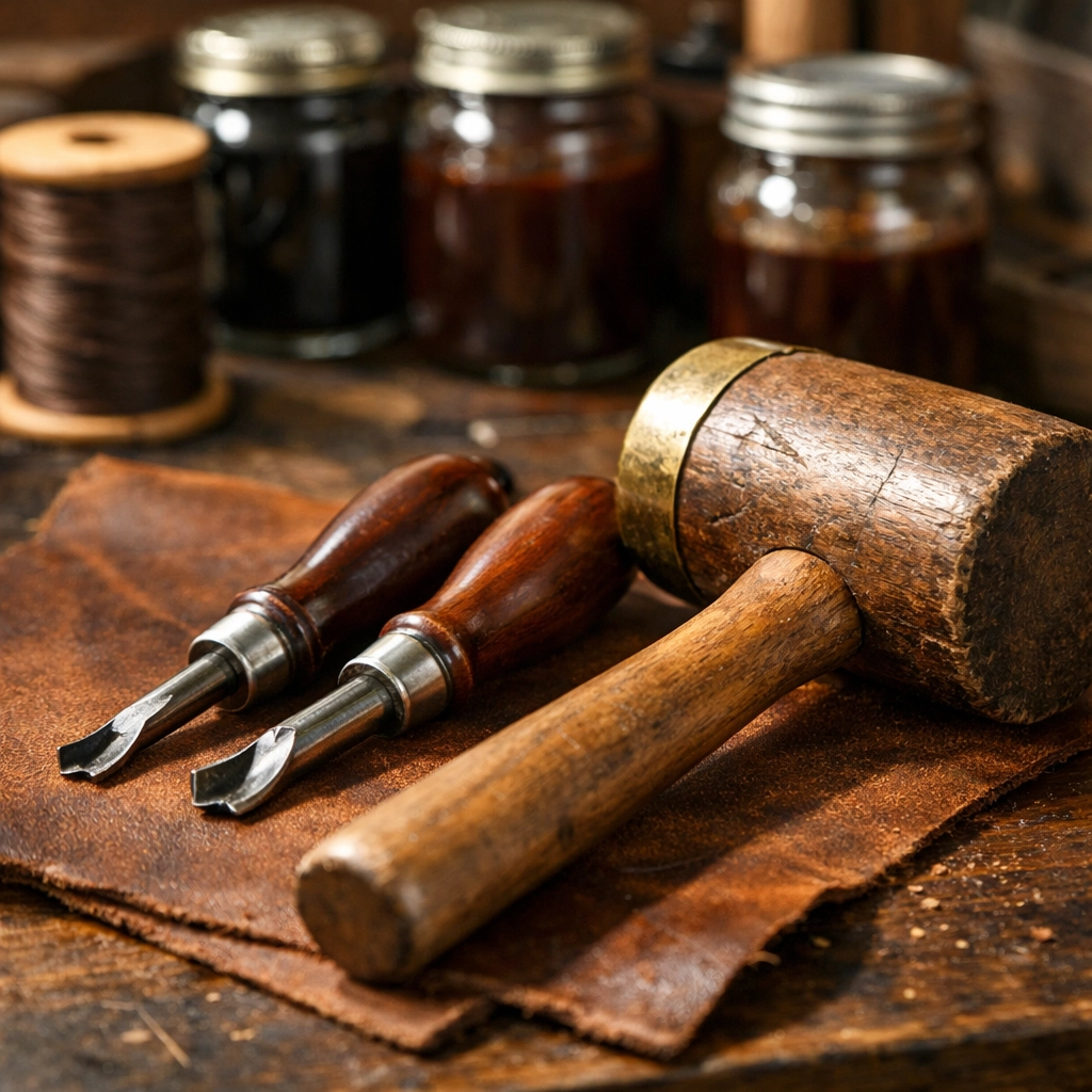 Artisan leatherworking workbench with professional tools and oil-tanned leather for handmade crafts.