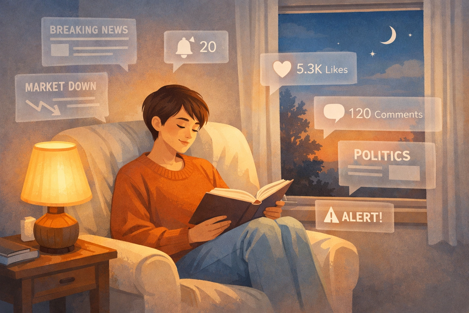 Person reading book peacefully while filtering digital news notifications and headlines