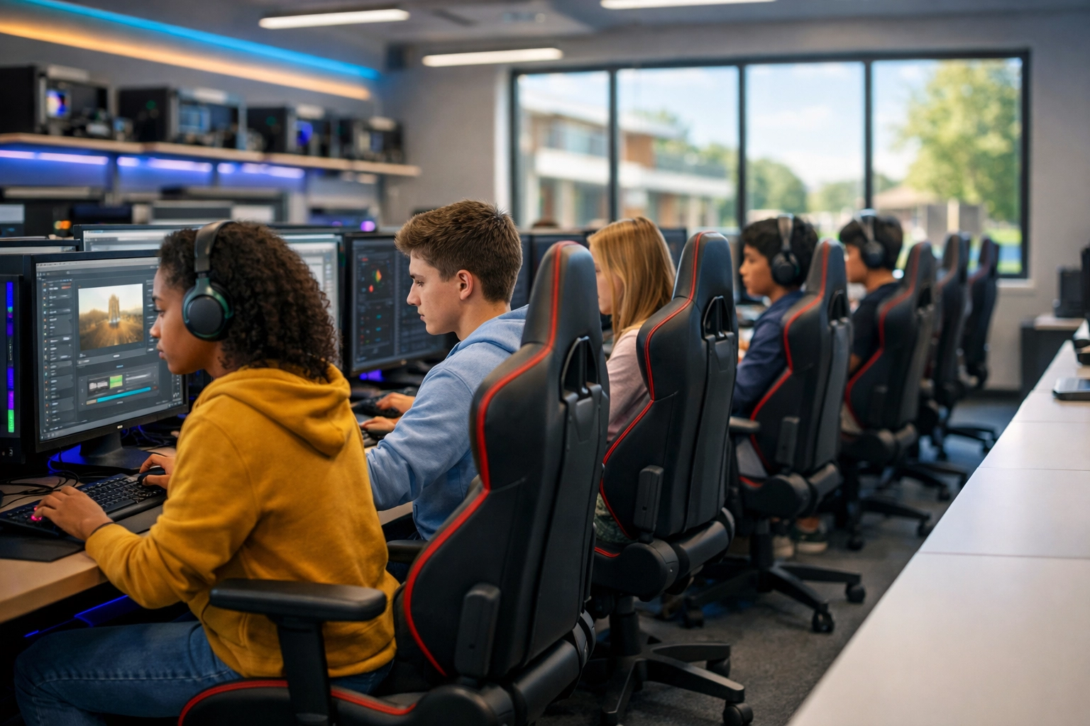 High school students in a modern media lab participating in an education through simulation esports program.