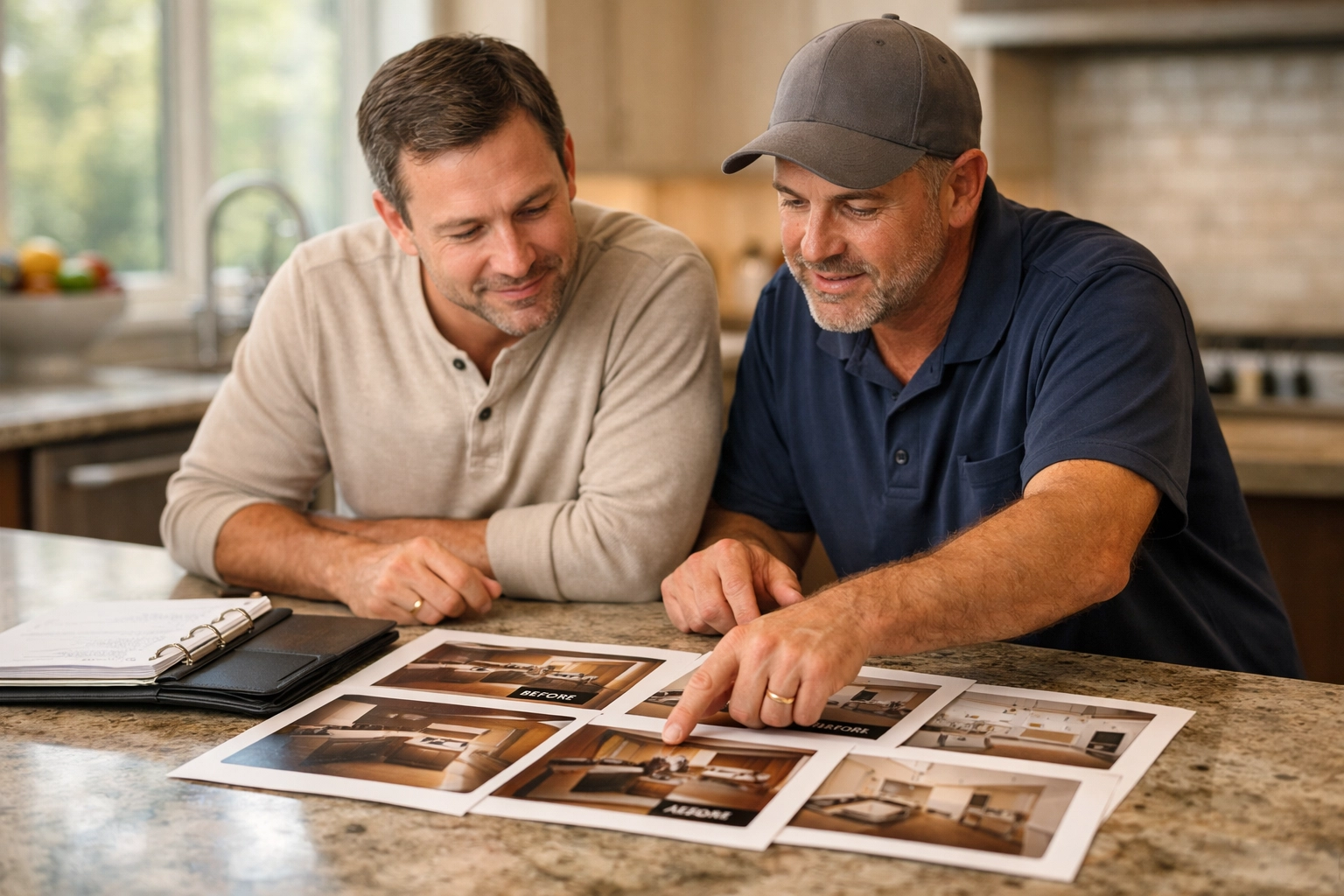 Orlando homeowner and contractor reviewing renovation project portfolio and communication