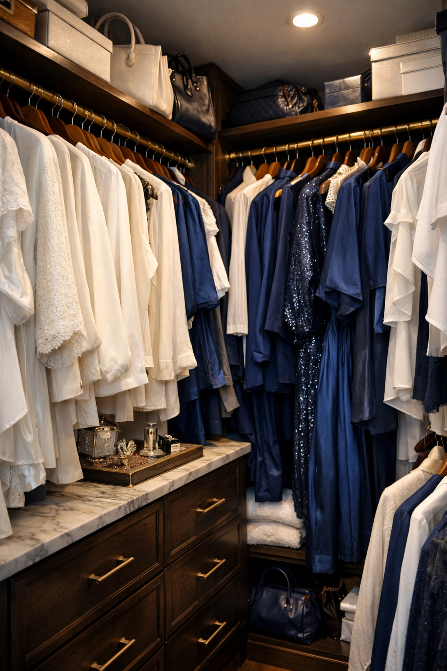 Luxury walk-in closet filled with high-end clothing representing wardrobe clutter and density.