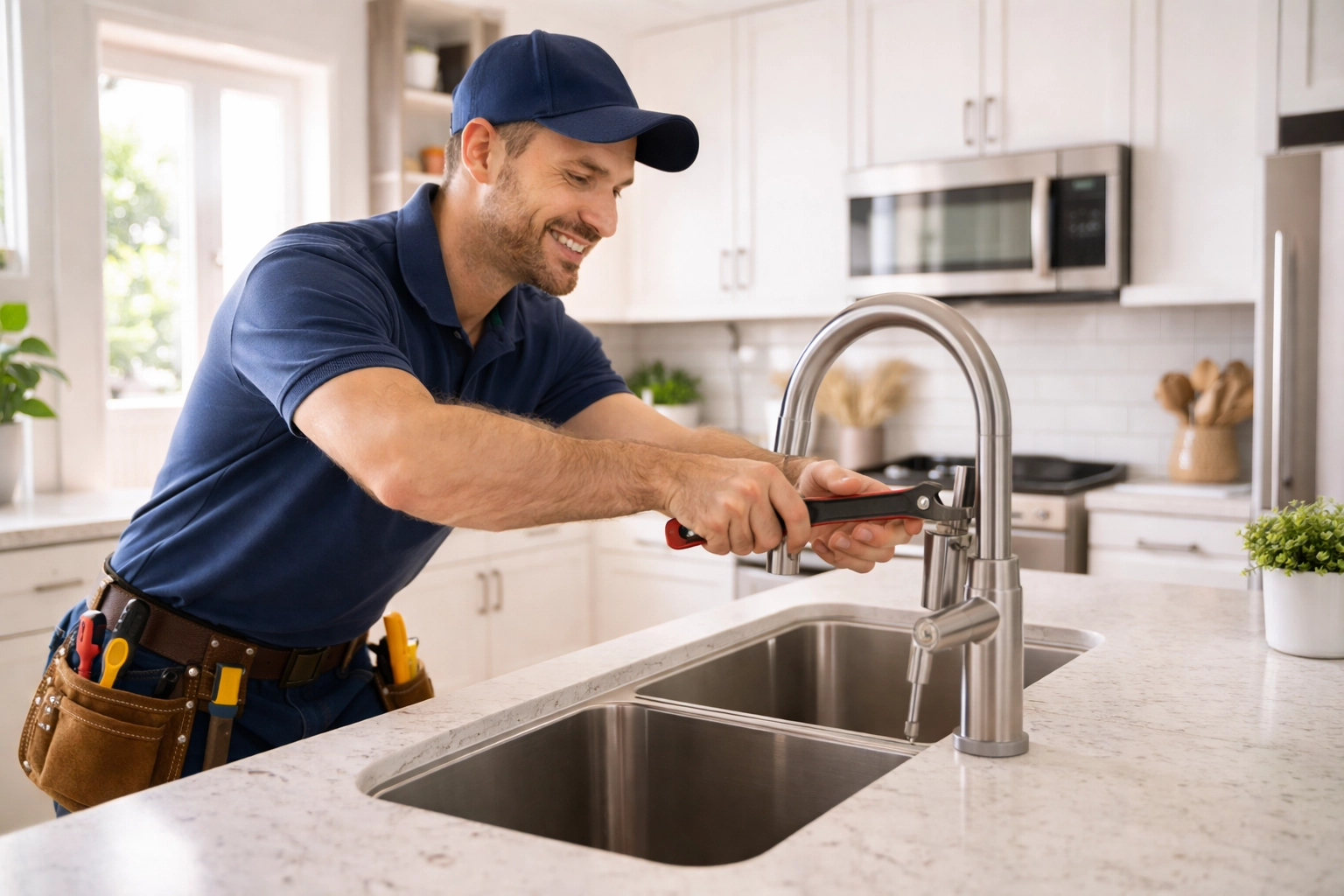 Maintenance technician repairing kitchen faucet in modern rental apartment, illustrating efficient property care