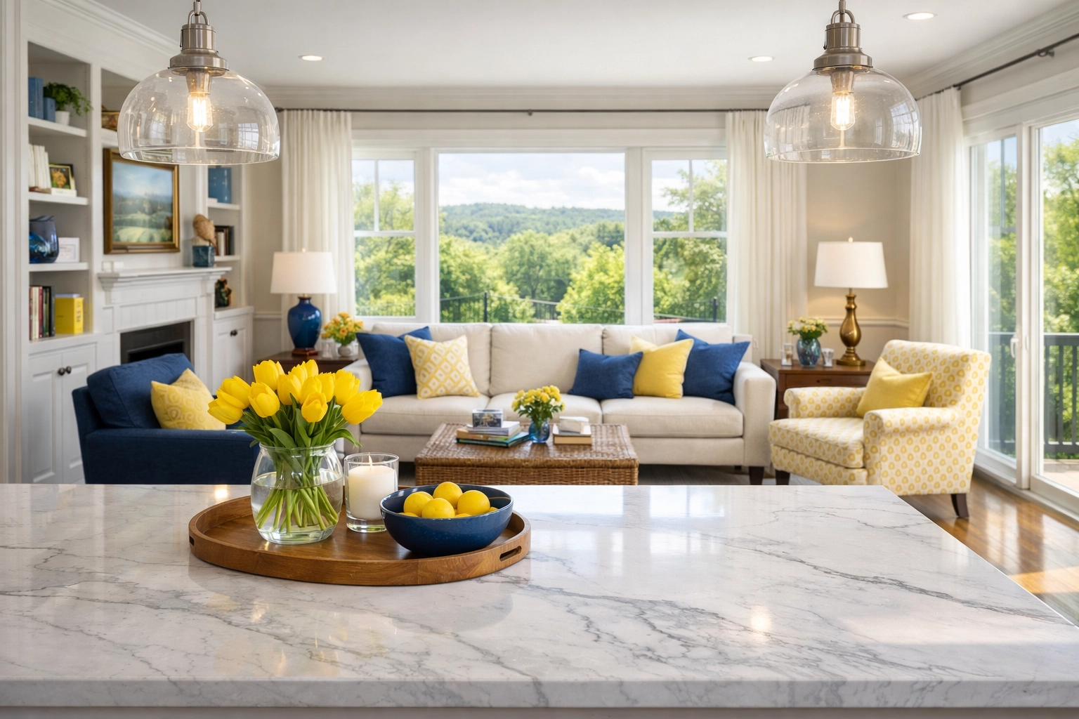 A serene and dust-free Harvard home interior showcasing a perfectly sanitized kitchen and living room.