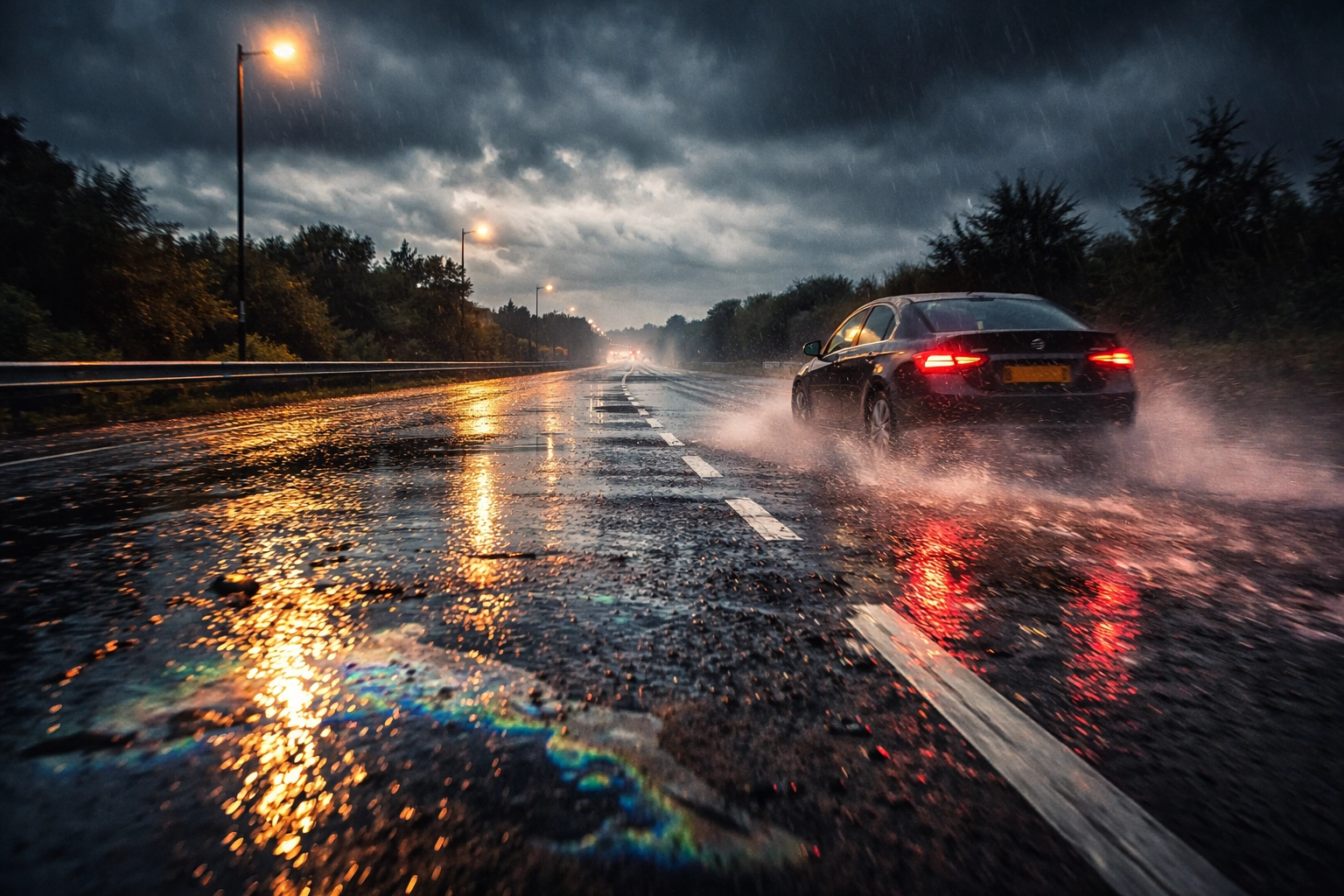 Car driving on wet UK road with rain and puddle spray, illustrating how rainwater and road contaminants accelerate rust