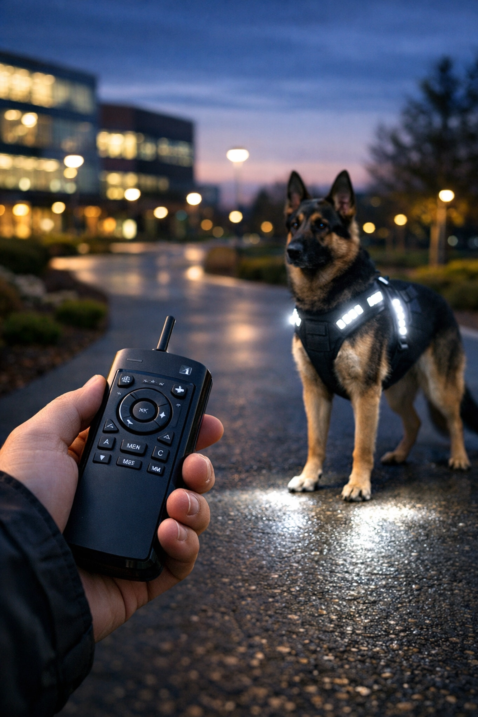 Remote control dog harness light with high-intensity white LEDs on a German Shepherd in Michigan.