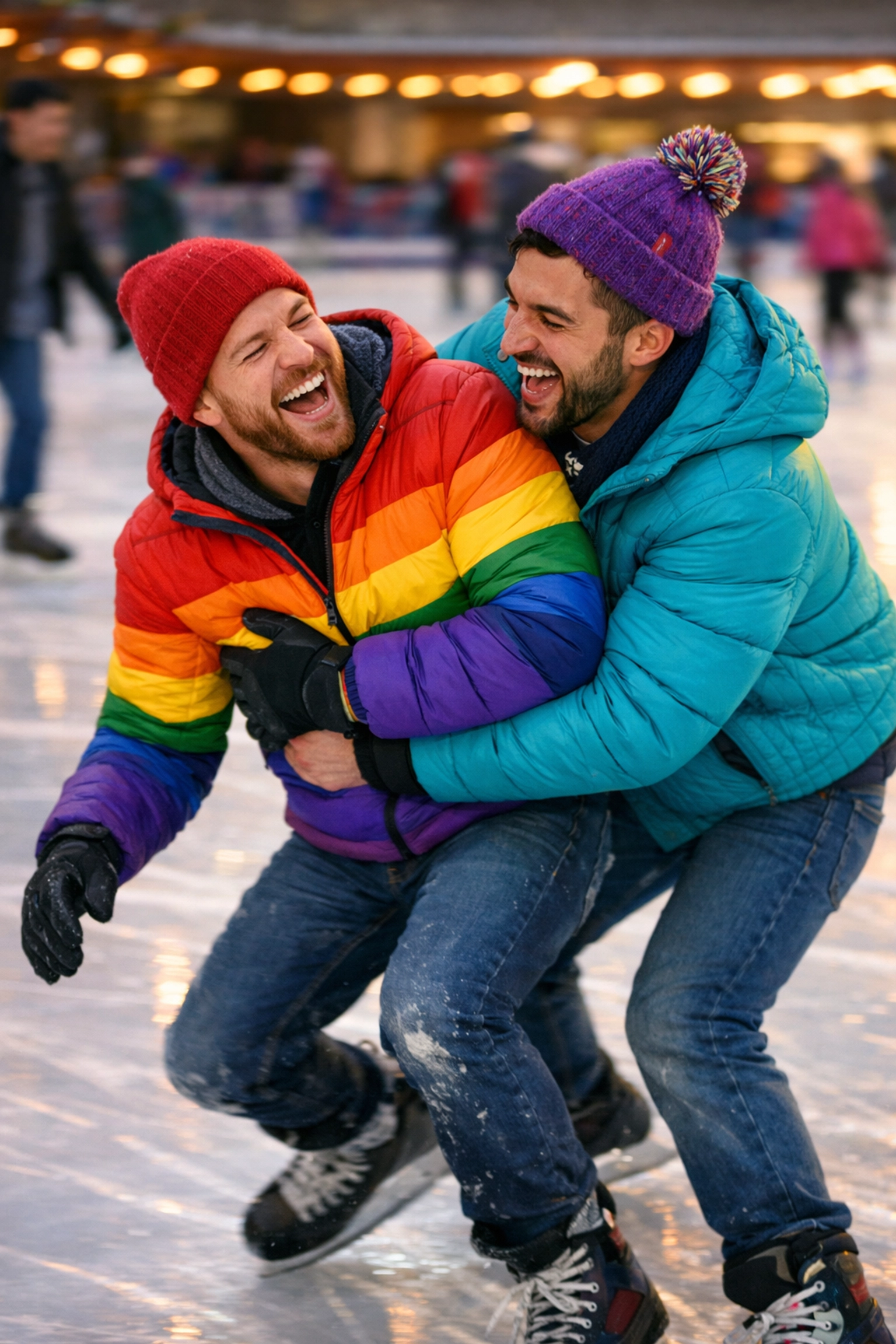 Two gay men laughing together while ice skating, one catching the other in playful moment