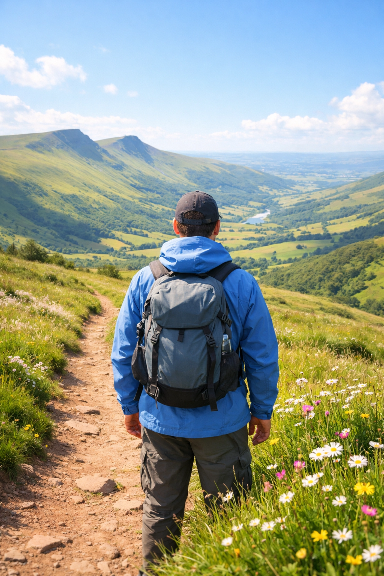 A hiker wearing a waterproof jacket looking over a sunlit valley trail in the Brecon Beacons.