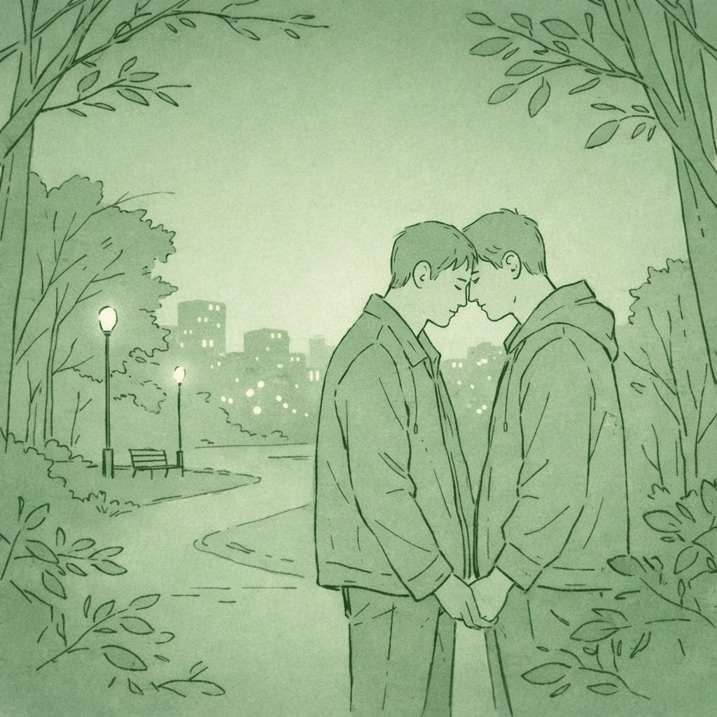 Two men embracing in urban park at twilight - MM public romance encounter scene