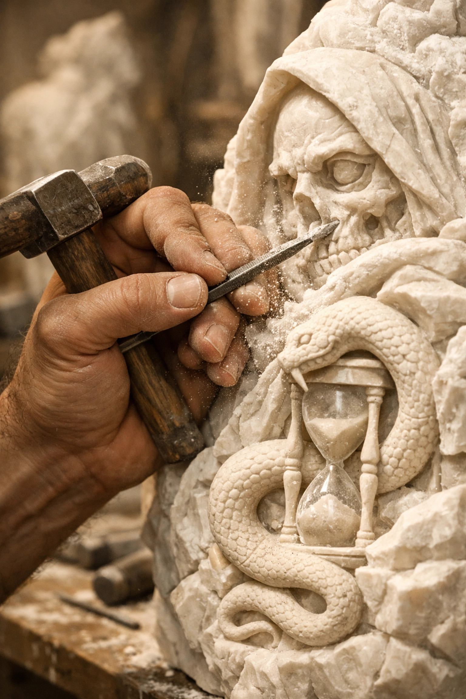 Sculptor's hands carving marble with hidden love symbols - Renaissance gay romance artisan