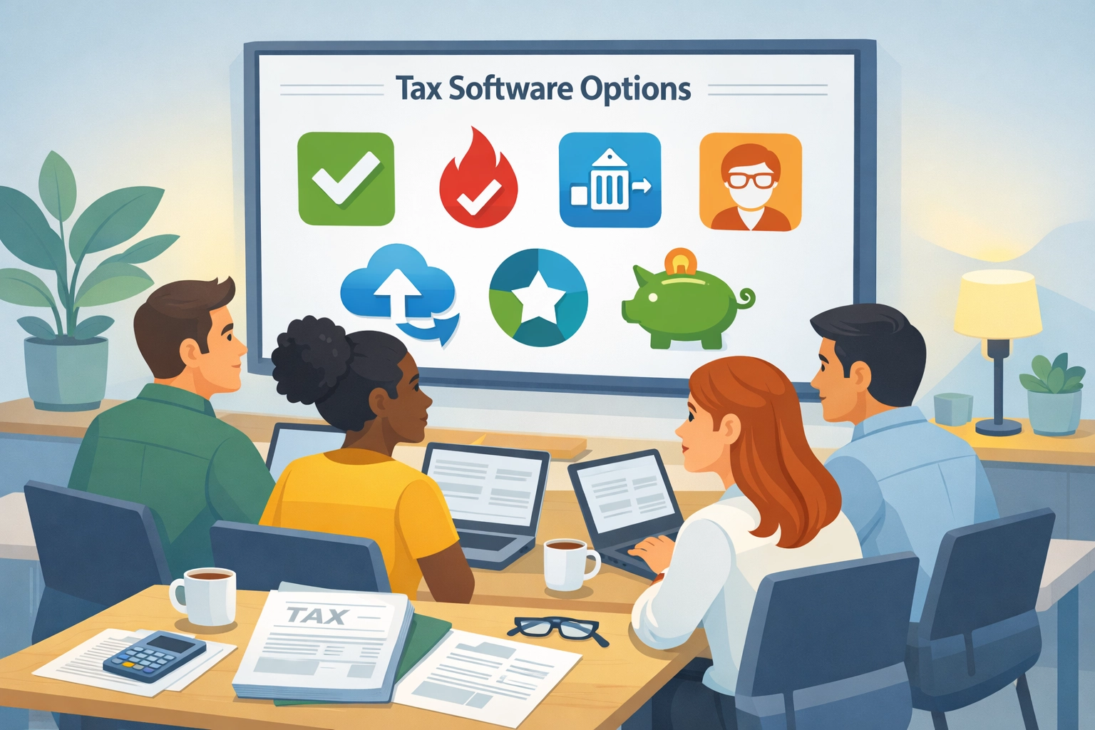 Taxpayers reviewing free IRS tax filing software options on computer screen