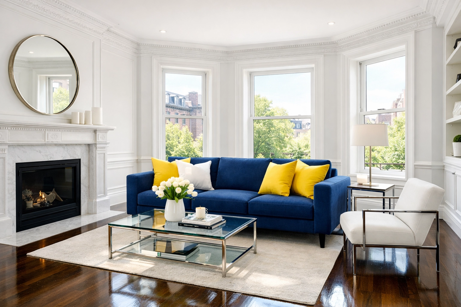 Sunlit luxury Boston brownstone apartment with polished hardwood floors and professional cleaning.