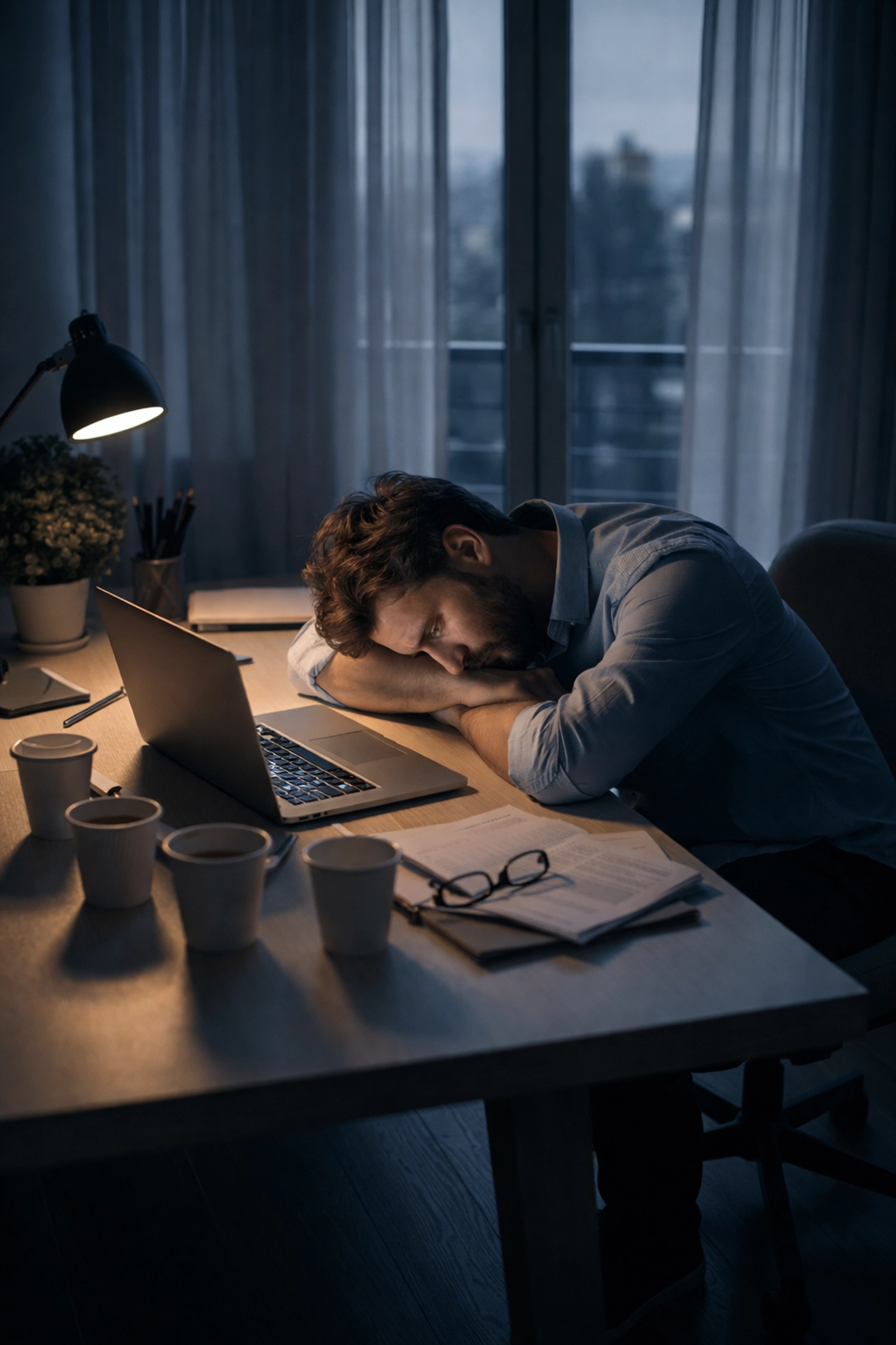 Exhausted founder at home office desk showing the reality of burnout and overwork in startup life