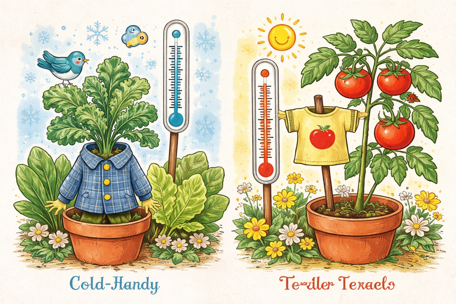 Whimsical 1950s-style storybook illustration showing “tough” cold-hardy plants vs “sensitive” tender plants using coat vs t-shirt symbols and a flat thermometer, no text.