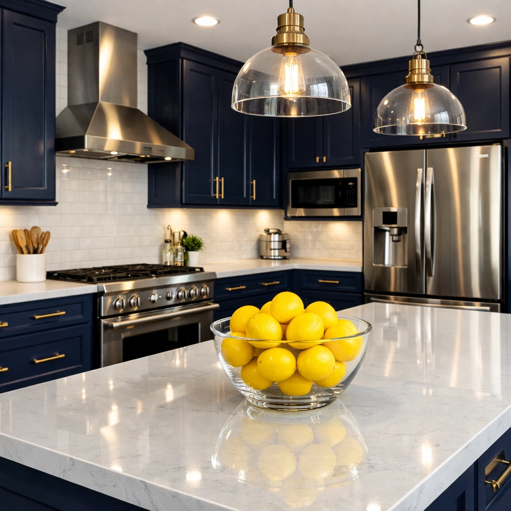 Modern navy and white kitchen with sparkling countertops following an intensive deep cleaning session.