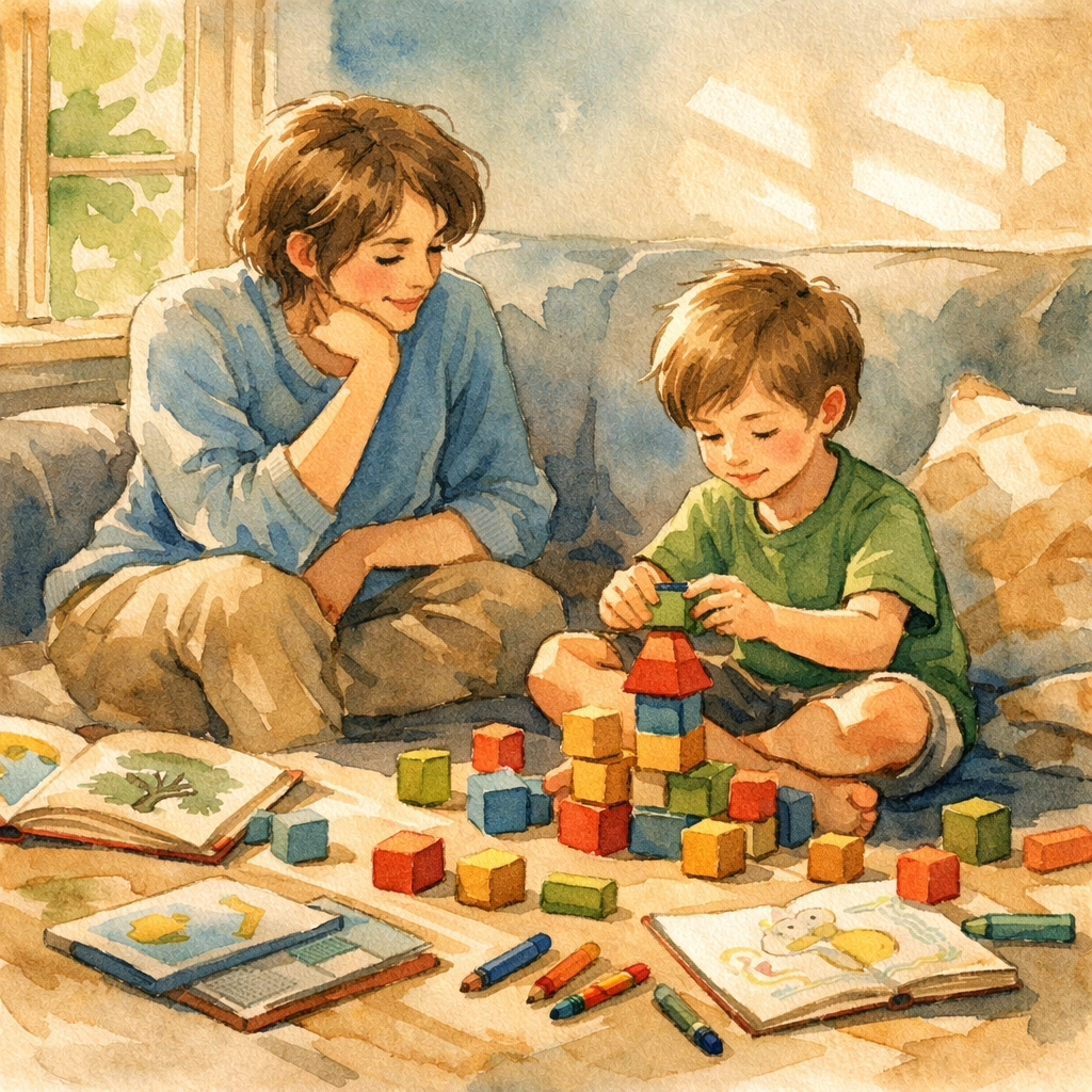 Parent and child deschooling together with books and learning materials on couch