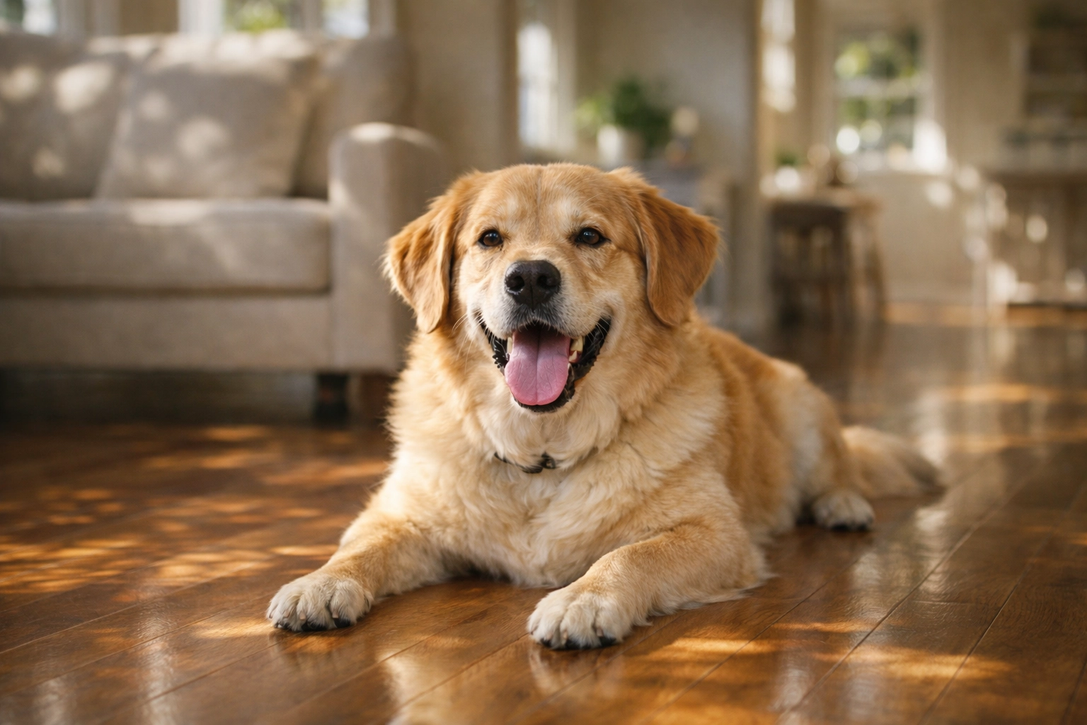 Happy dog on a sunlit hardwood floor reflecting the safety of non-toxic house cleaning services in Nanaimo.