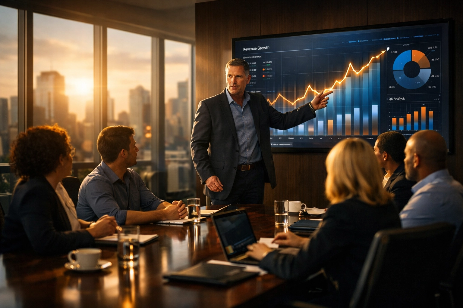 Professional marketing leaders in a boardroom discussing corporate brand milestones and strategic growth.