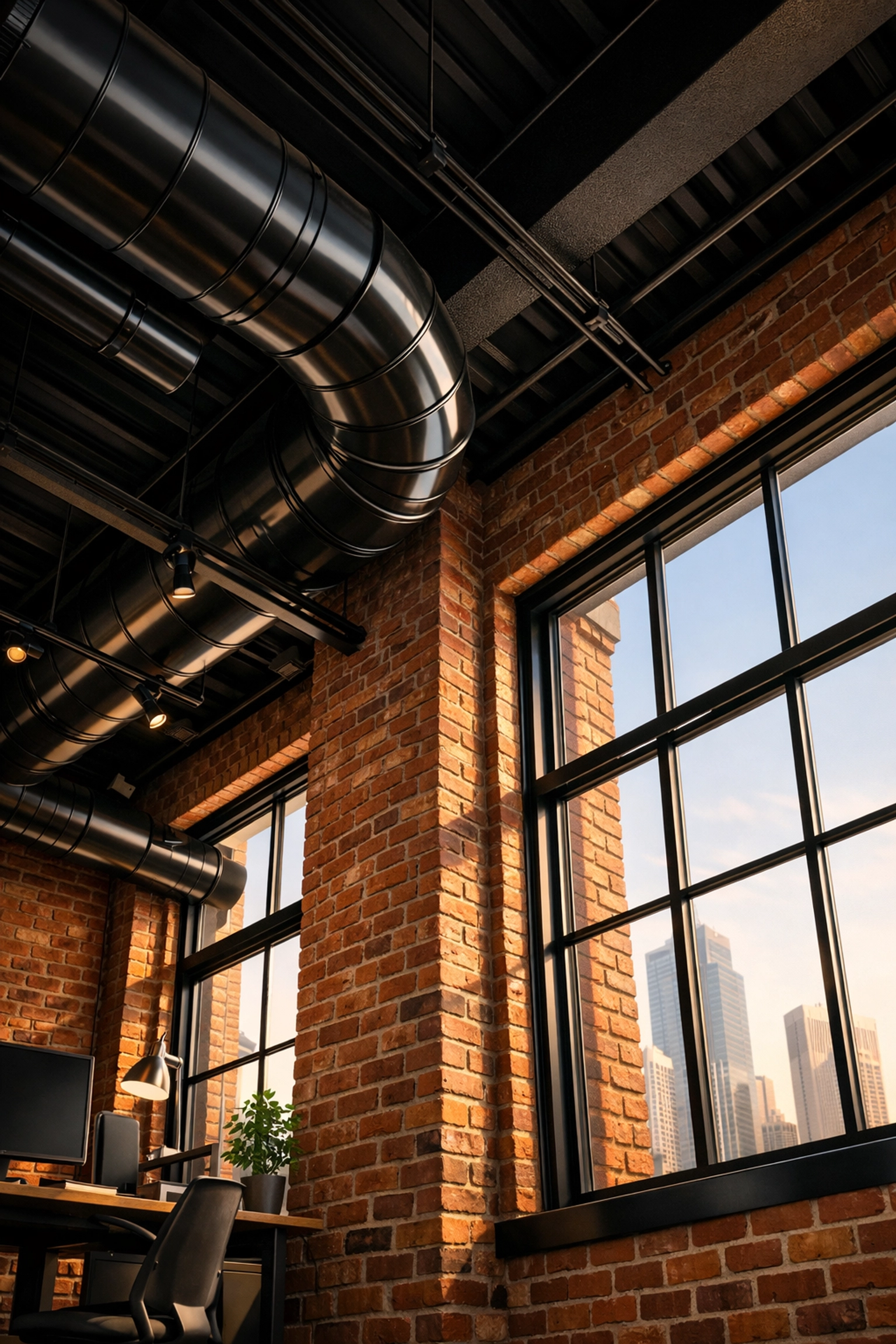 Clean industrial office space in Detroit with dust-free exposed ductwork and polished brick walls.