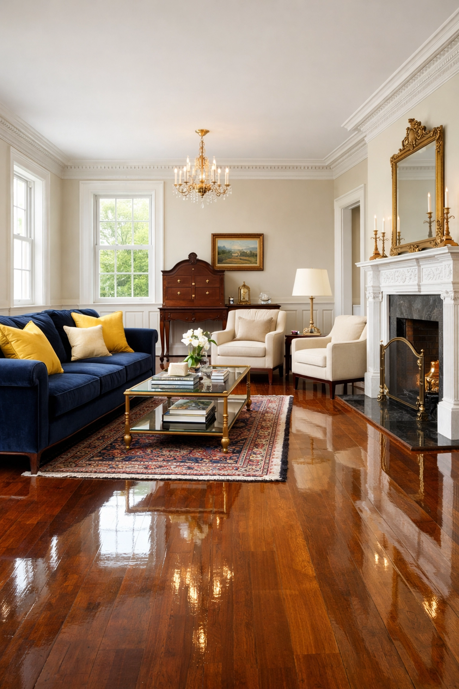 Polished hardwood floors in a historic home maintained by a Marblehead luxury cleaning service.
