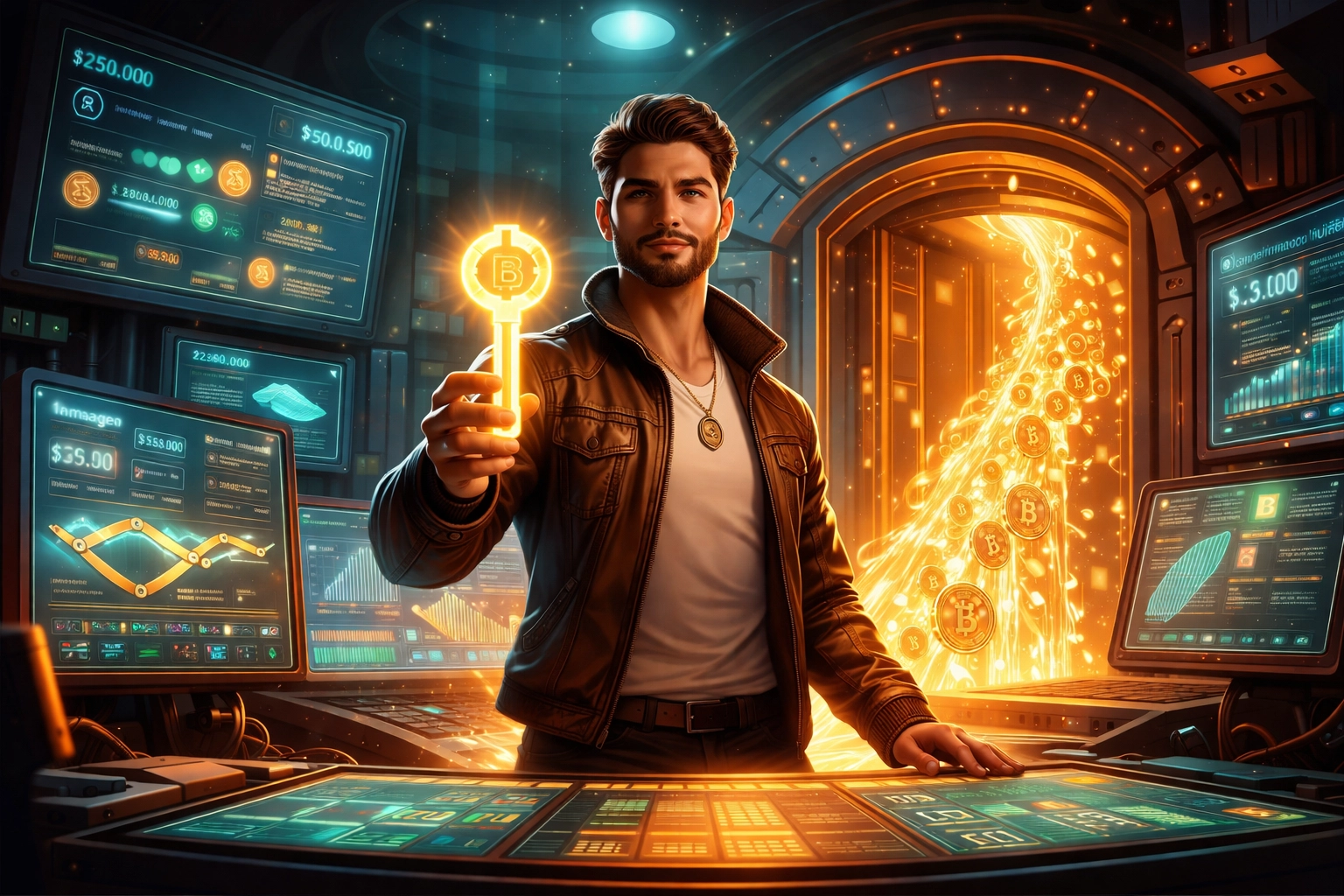 Confident merchant at a digital command center holding a key, symbolizing self-custody and secure Web3 crypto payments