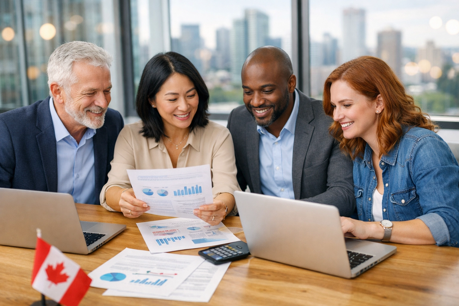 Canadian business owners reviewing financial documents and loan options at conference table