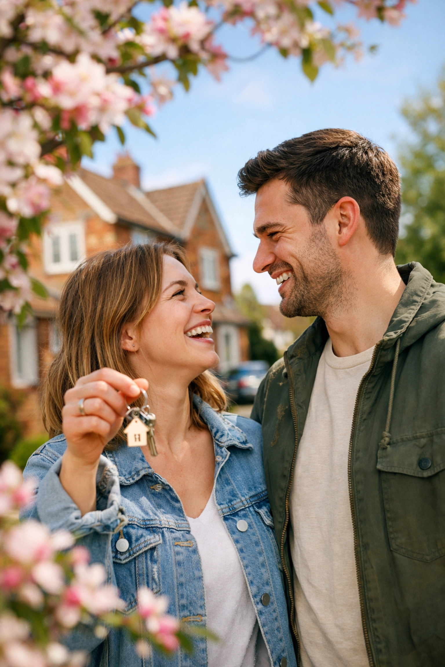 Happy couple with house keys on a scenic Yate street, celebrating a fresh start.