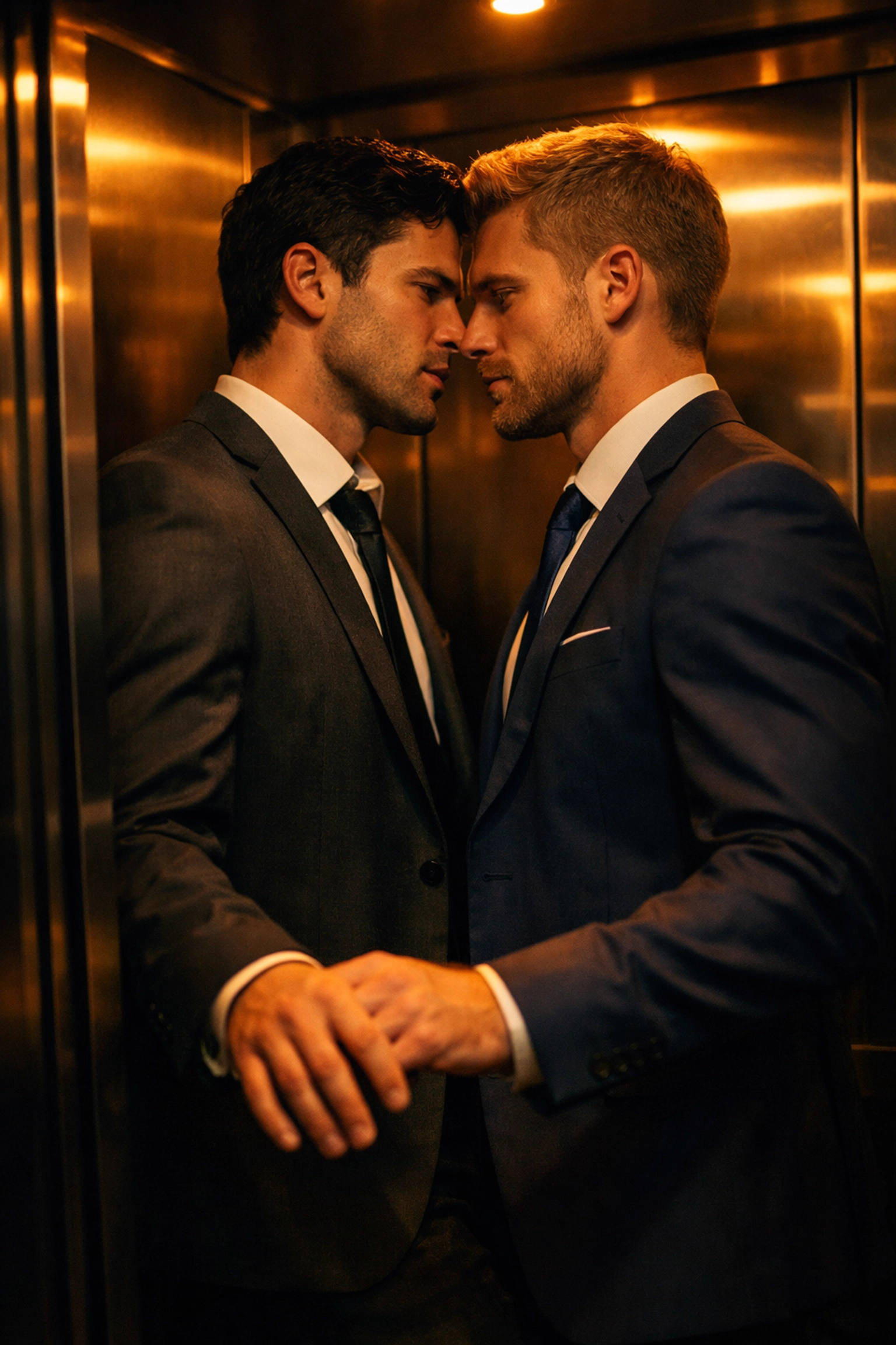 Two rival lawyers face each other in a dimly lit elevator - MM romance story
