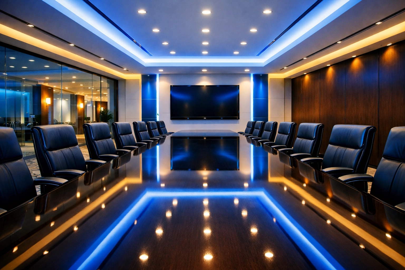 Professionally cleaned corporate boardroom with a reflective conference table in Westford.