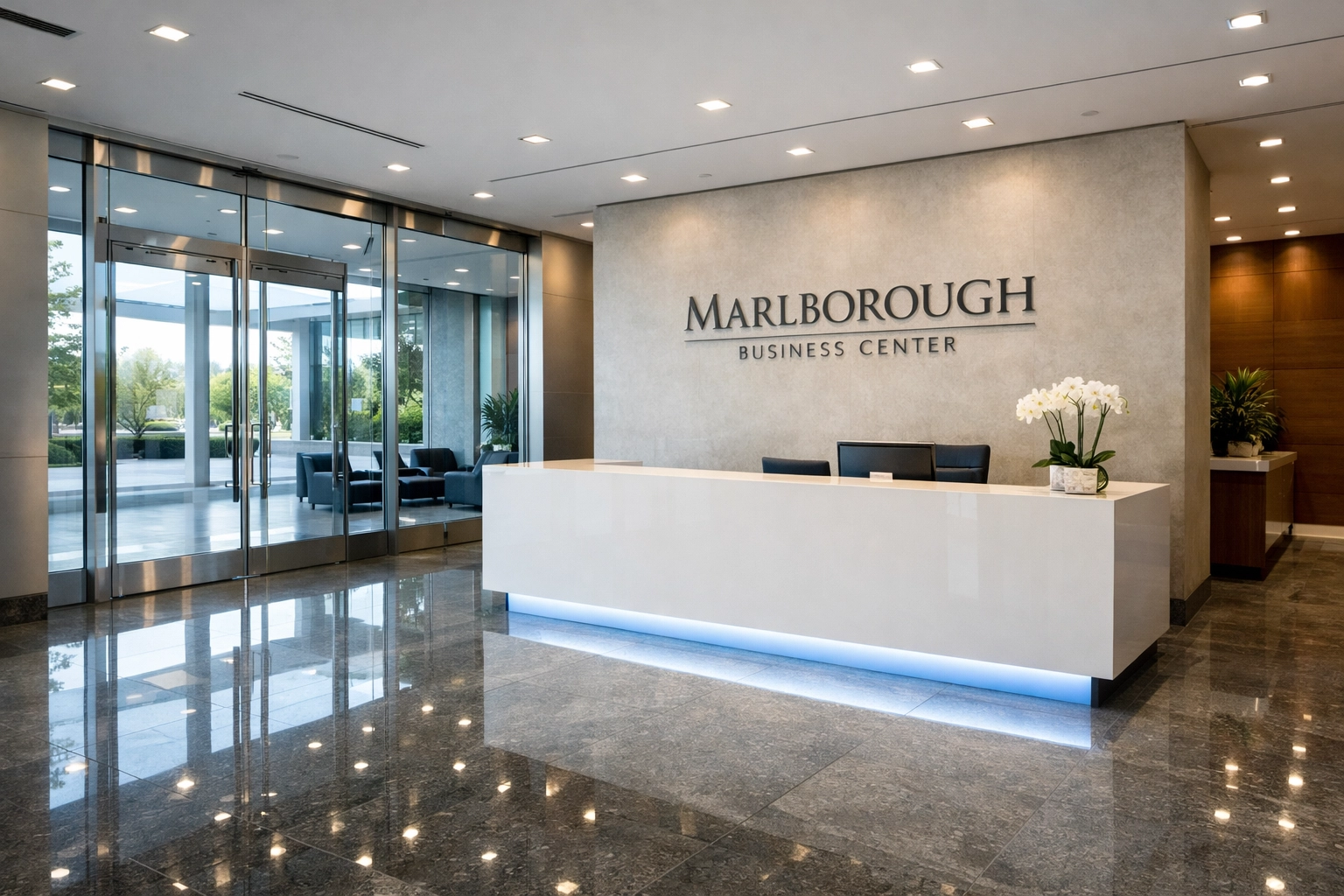 Pristine corporate lobby and reception area highlighting the quality of professional office cleaning Marlborough.