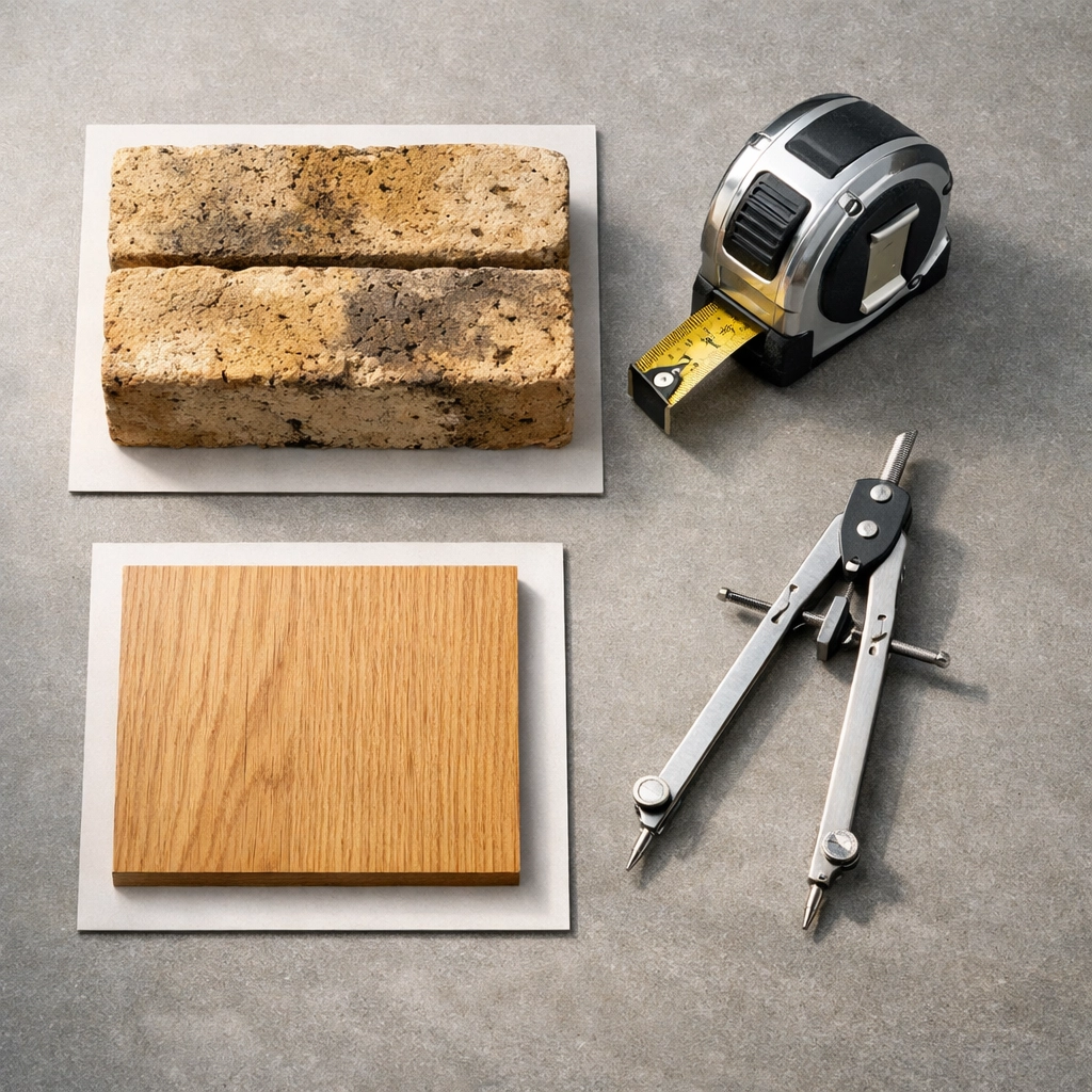 Architectural tools and premium building materials for vetting a construction service in London.