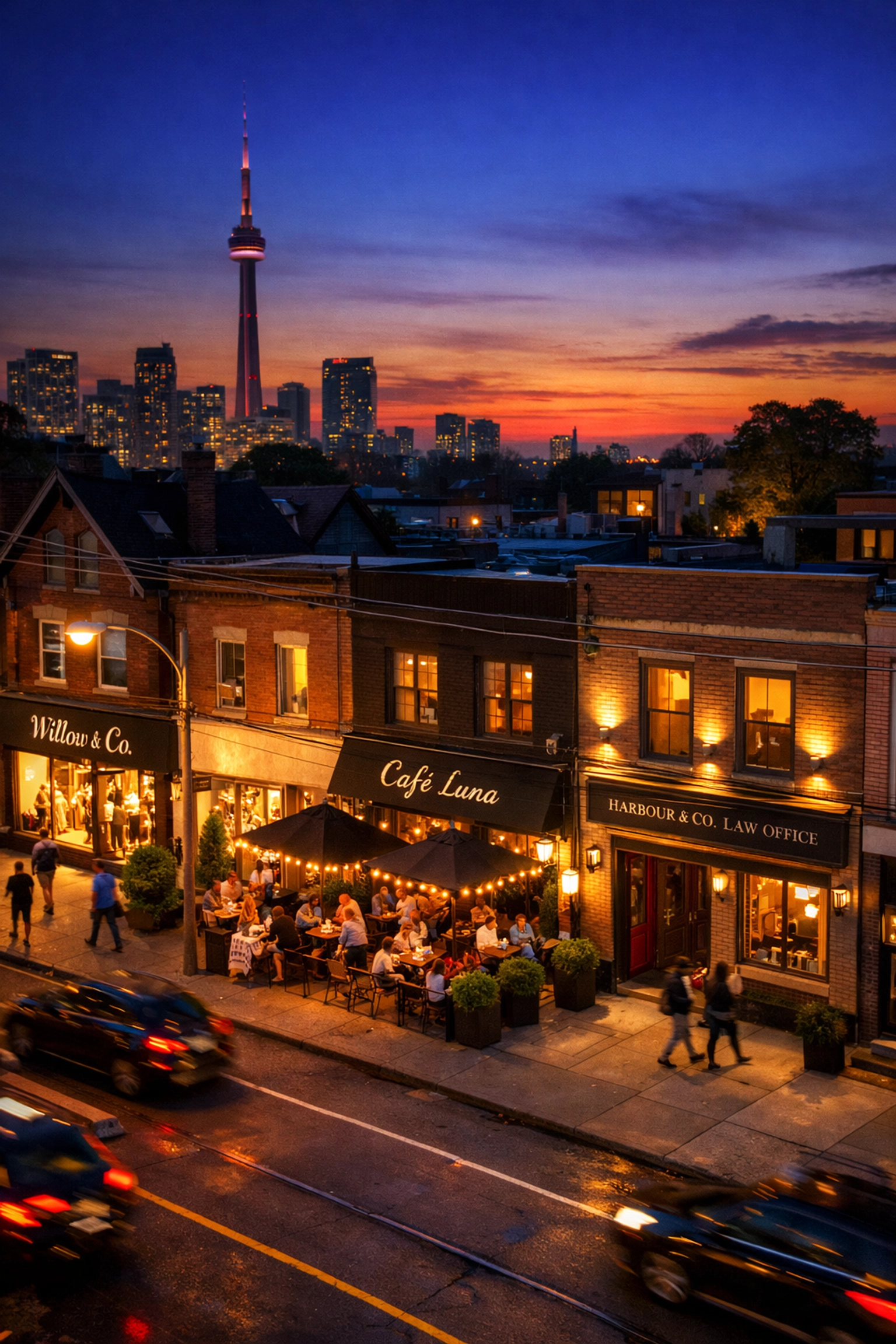 Vibrant Toronto street with local businesses at dusk, representing local SEO success in Ontario.