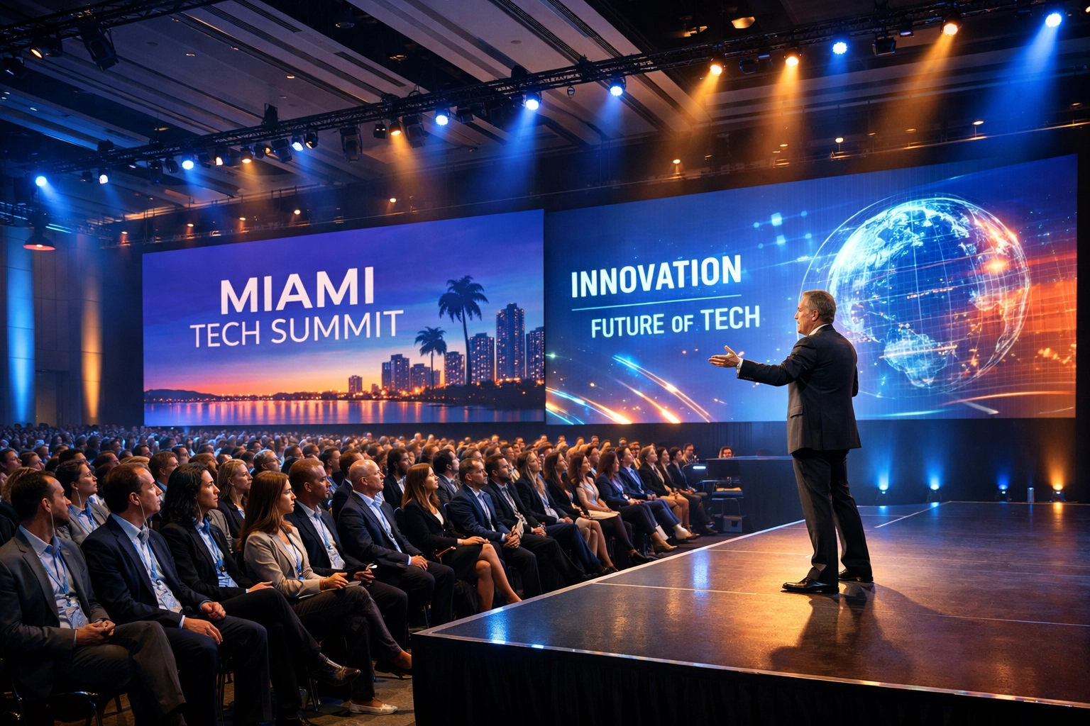 Professional speaker at a high-energy Miami corporate tech summit captured by a Miami event photographer.