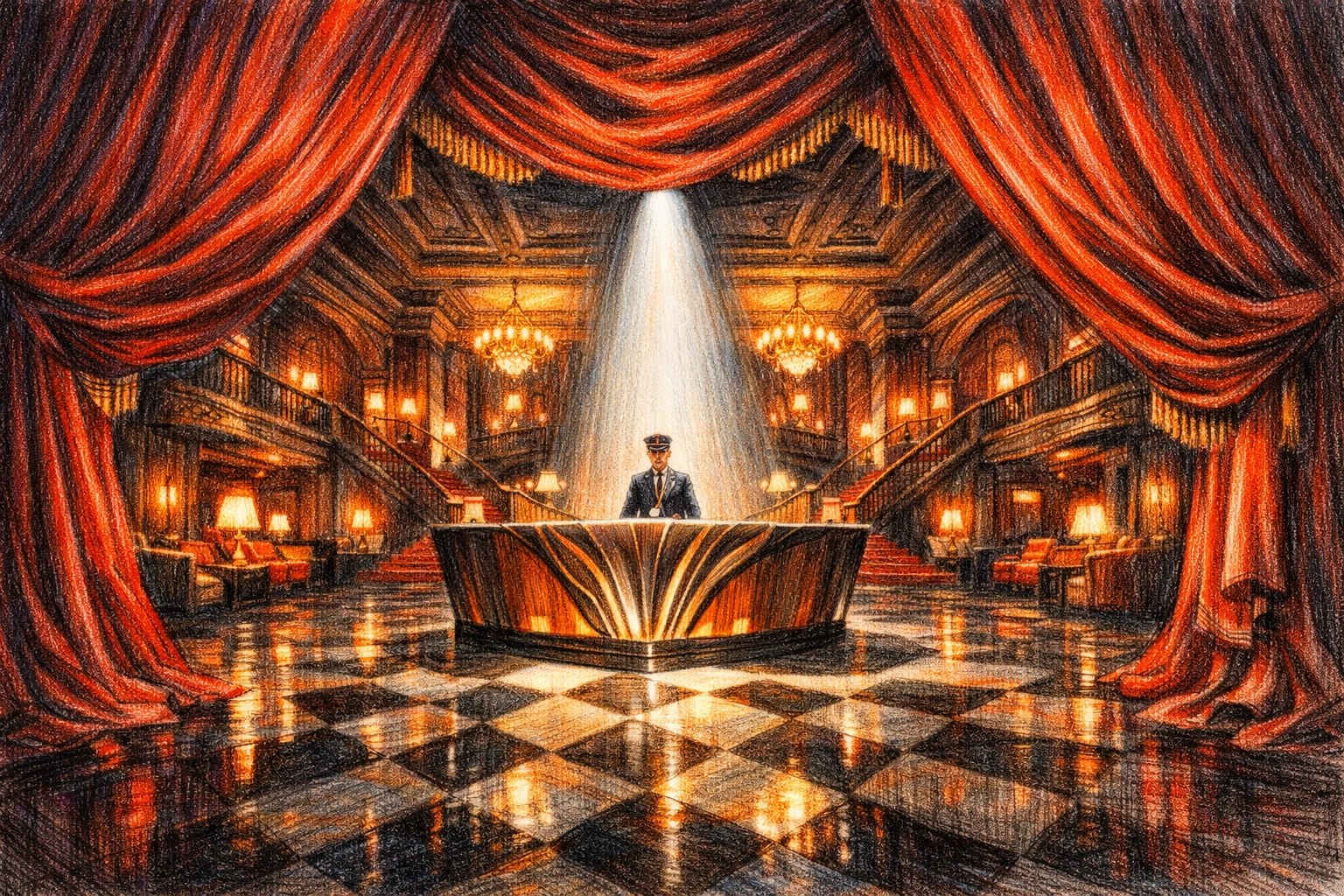 Dramatic luxury hotel lobby with velvet curtains and spotlighted concierge, Rockwell-style design