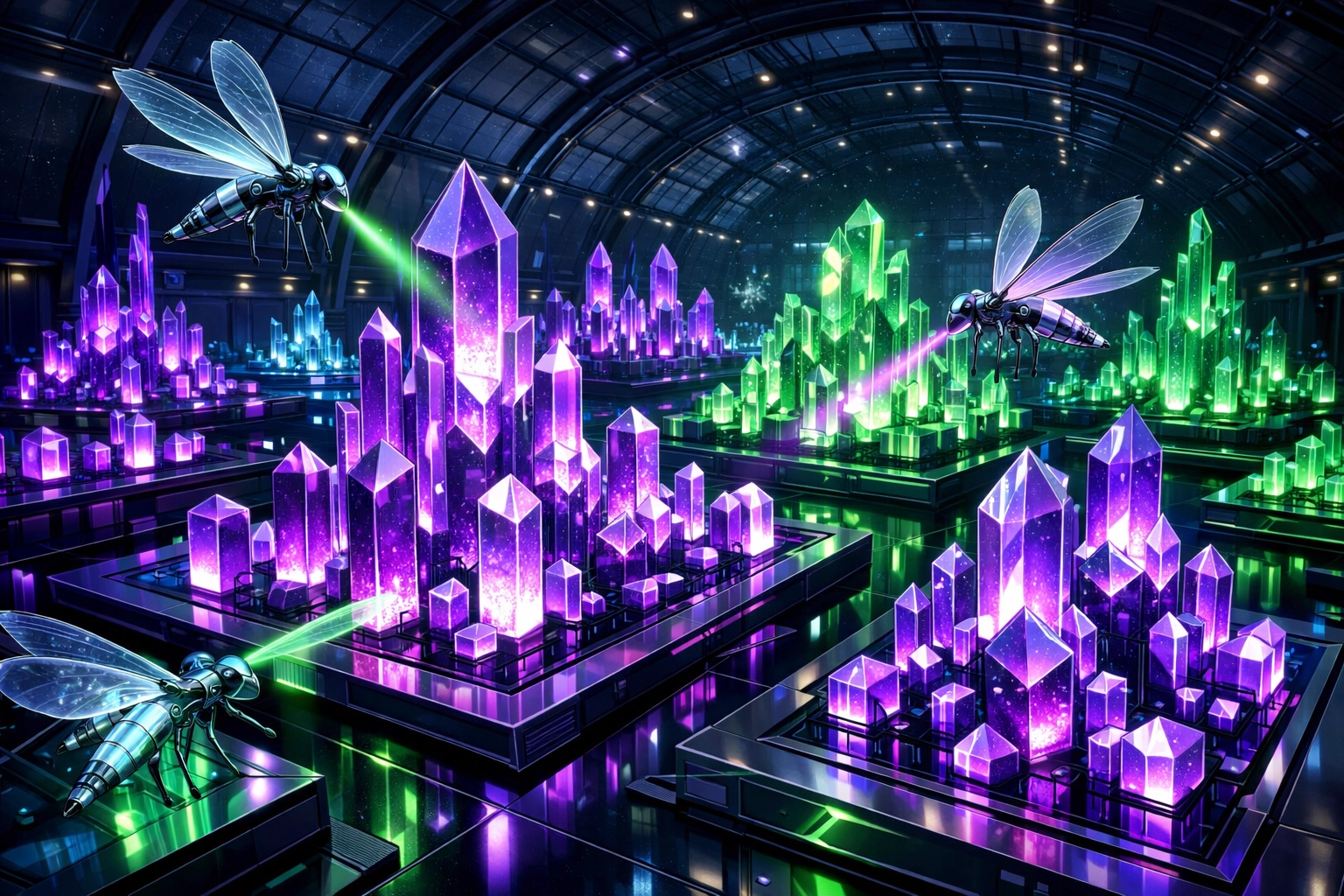 Digital illustration of AI bots crawling crystal data structures in a futuristic information greenhouse.