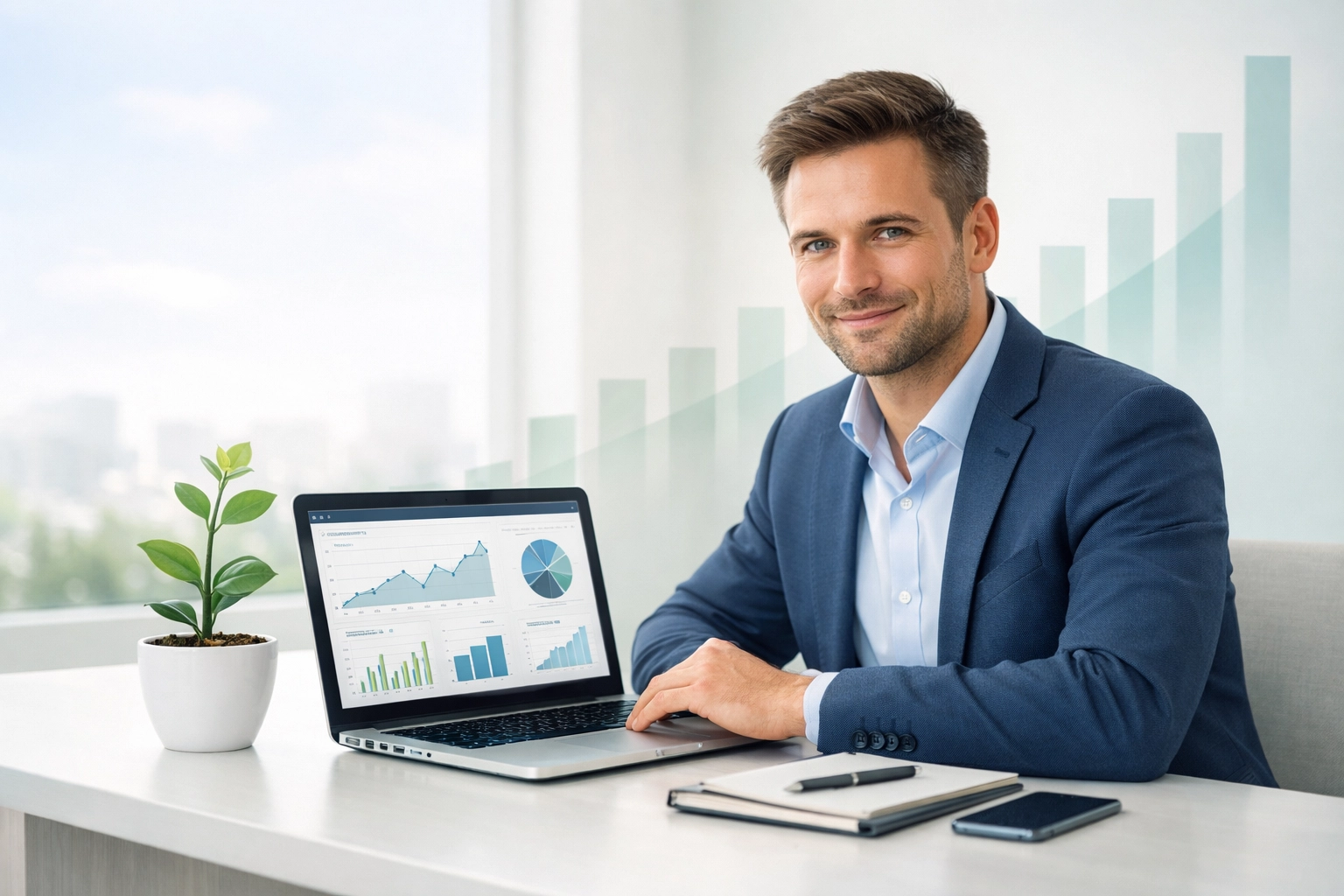 Entrepreneur reviewing growth-focused financial dashboards with strategic CPA guidance