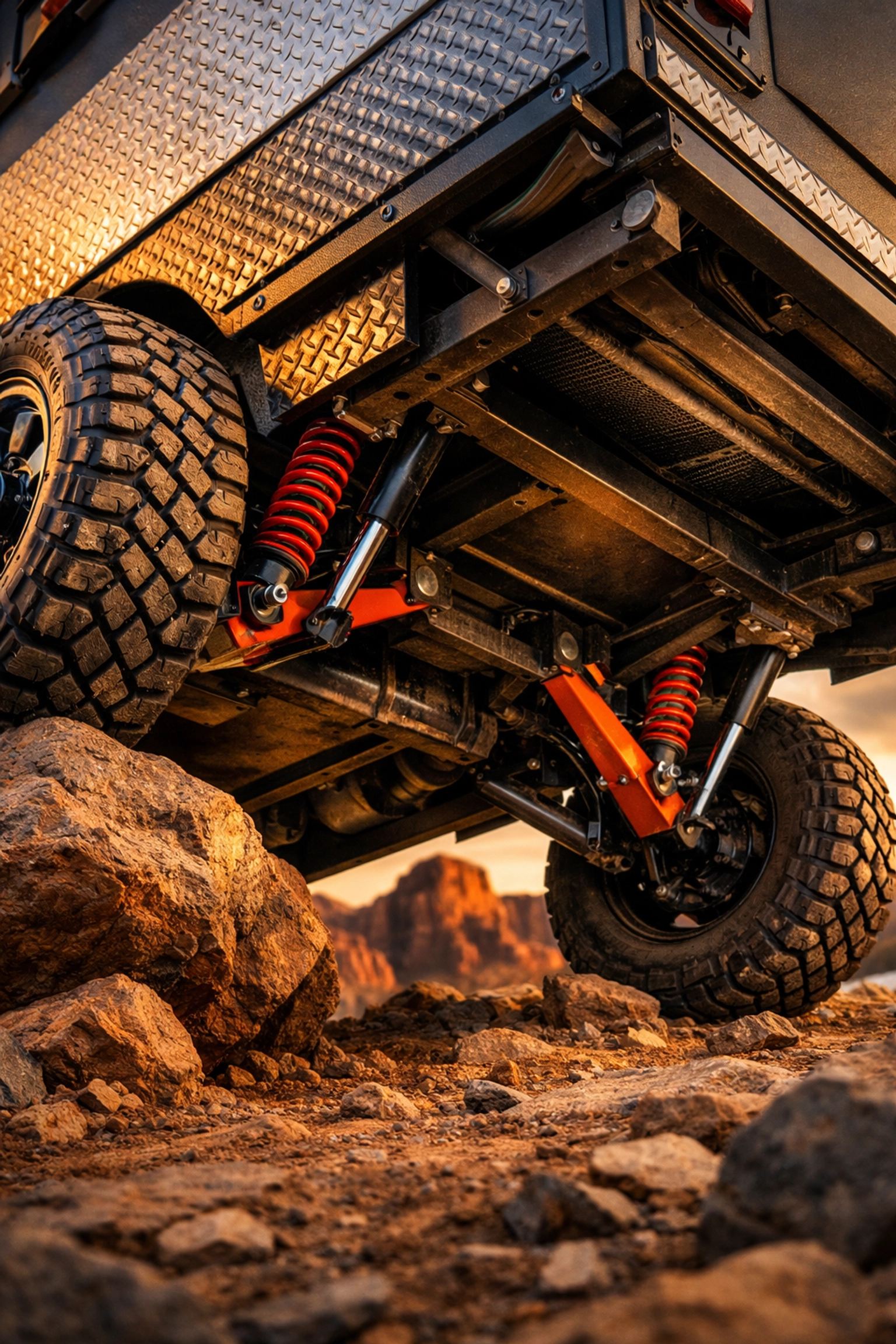 Off-road travel trailer independent suspension system on rocky desert terrain with high ground clearance