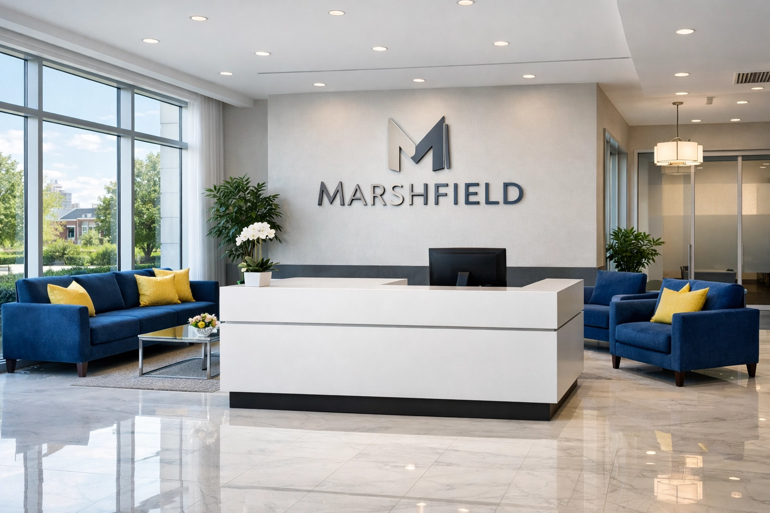 Pristine Marshfield office reception area with polished marble floors and professional decor.