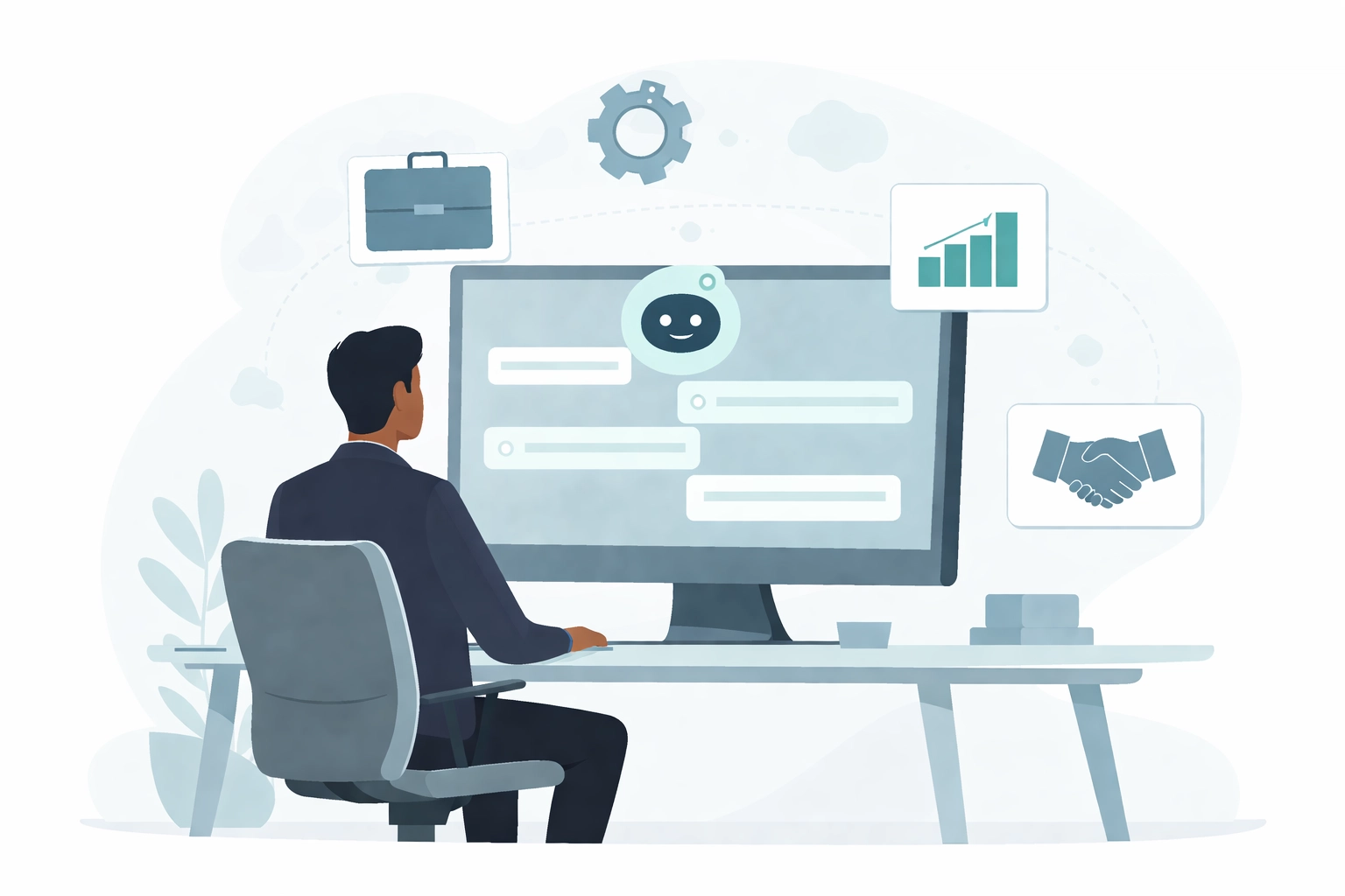 Business professional using AI chat interface to research B2B service providers in 2026