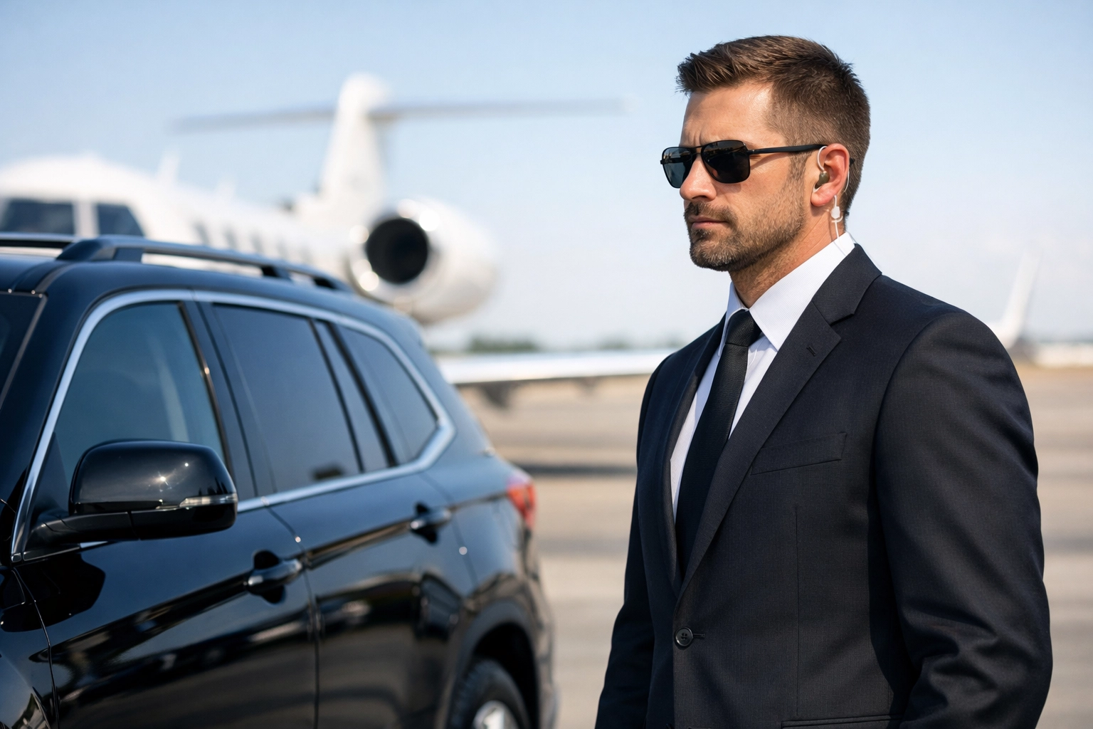 Professional VIP security specialist standing by a luxury SUV and private jet for executive travel.