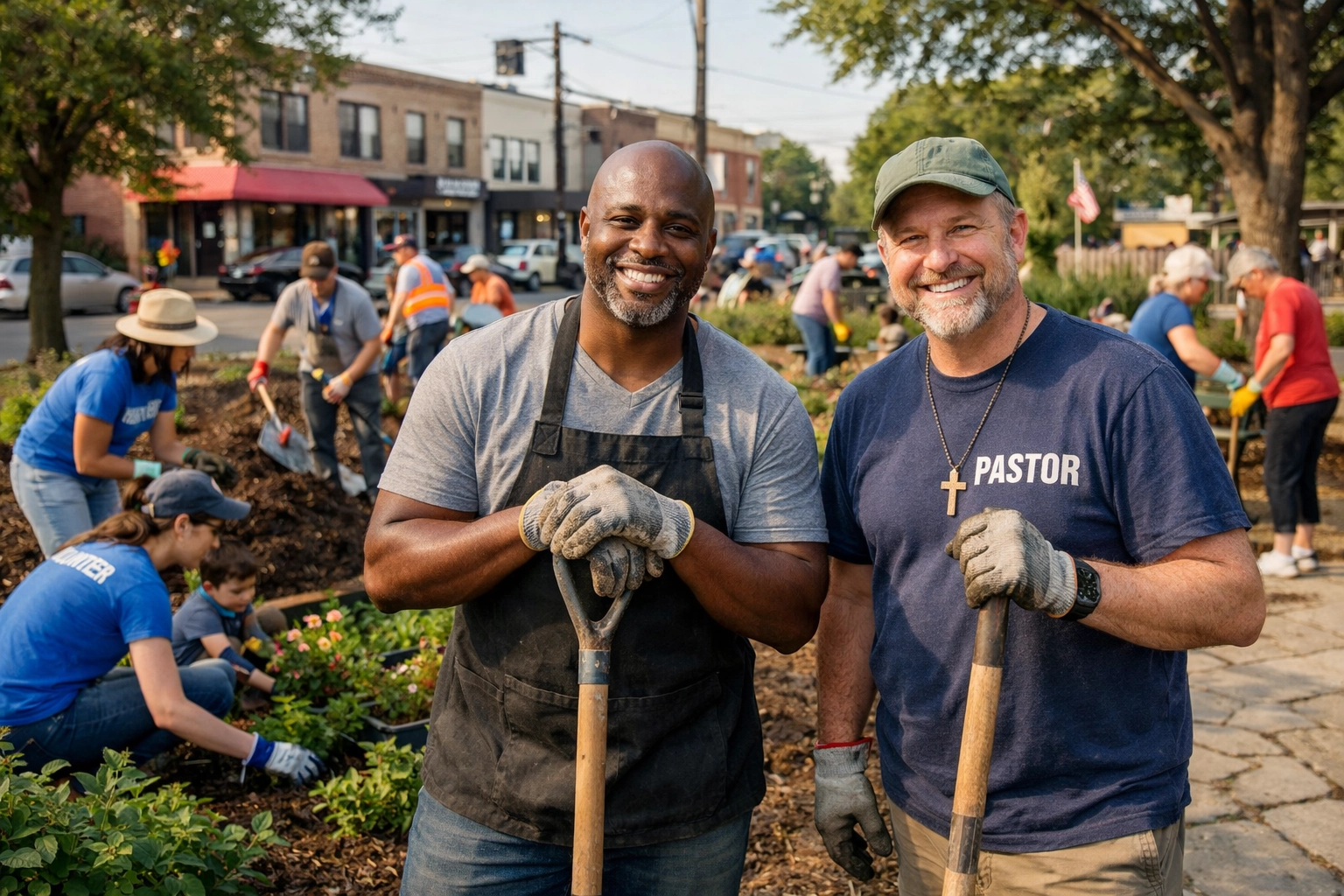 Local business volunteers and church members collaborating on neighborhood service project