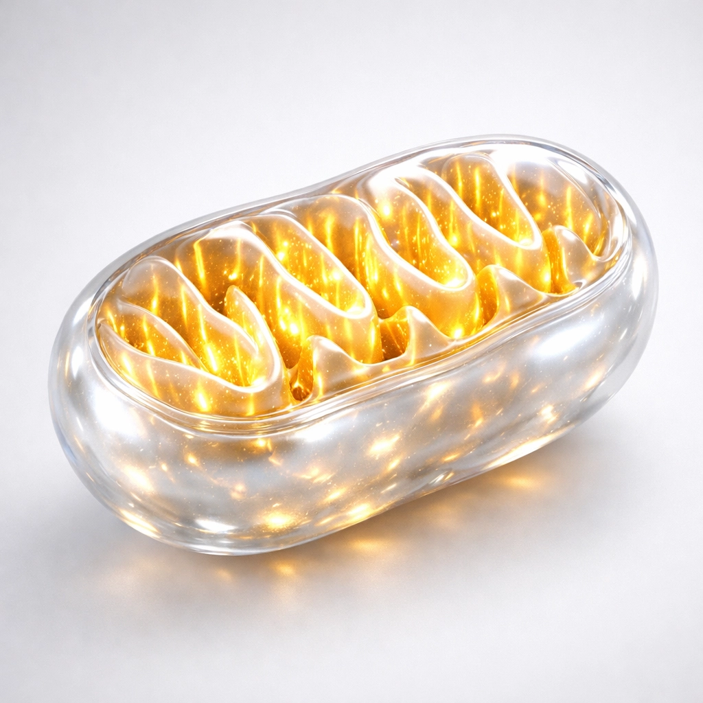 Glowing mitochondrion representing high-tech longevity research and cellular bio-optimization.