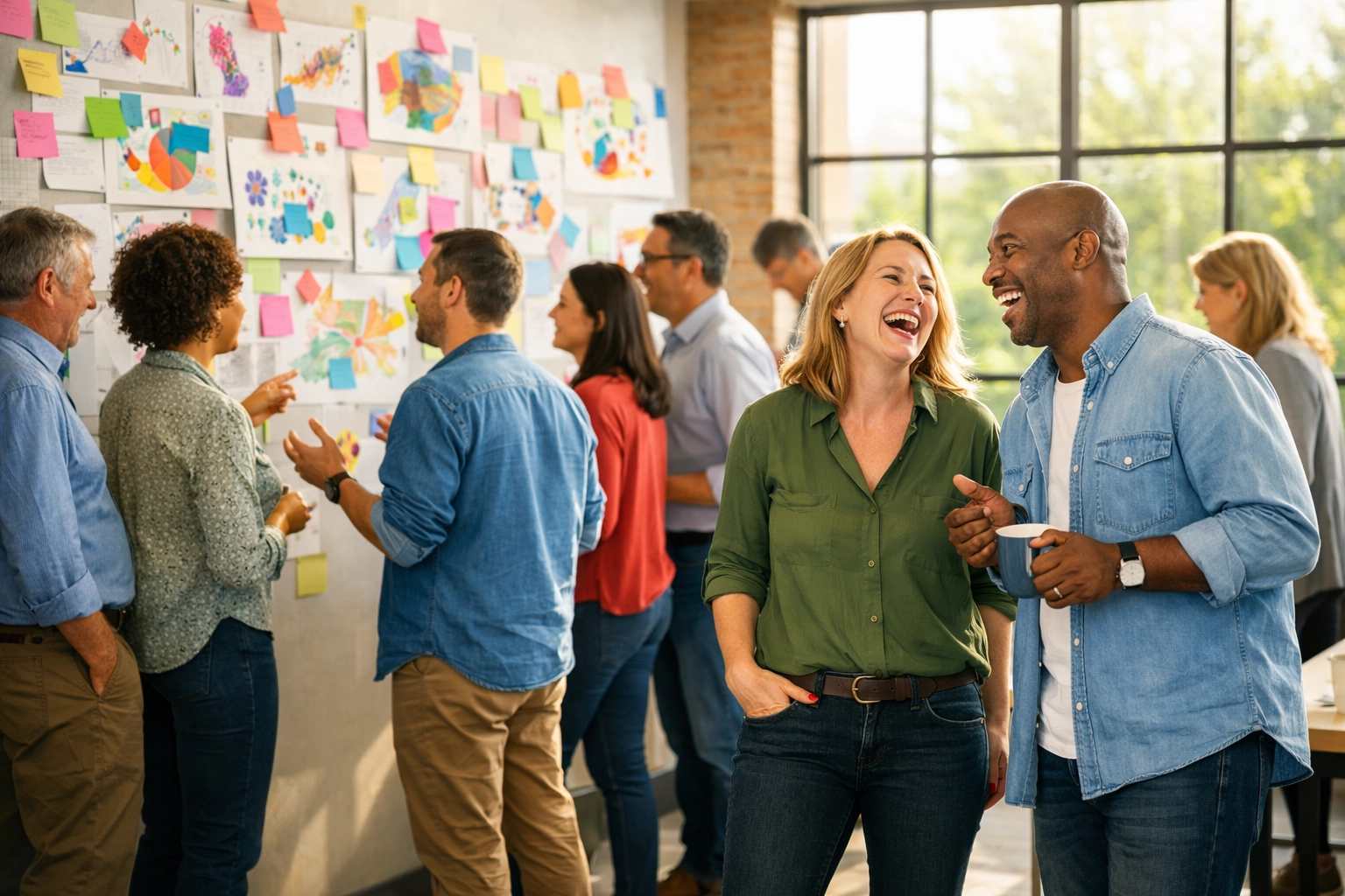 Chicago team members laughing while reviewing their artwork during an employee engagement session.