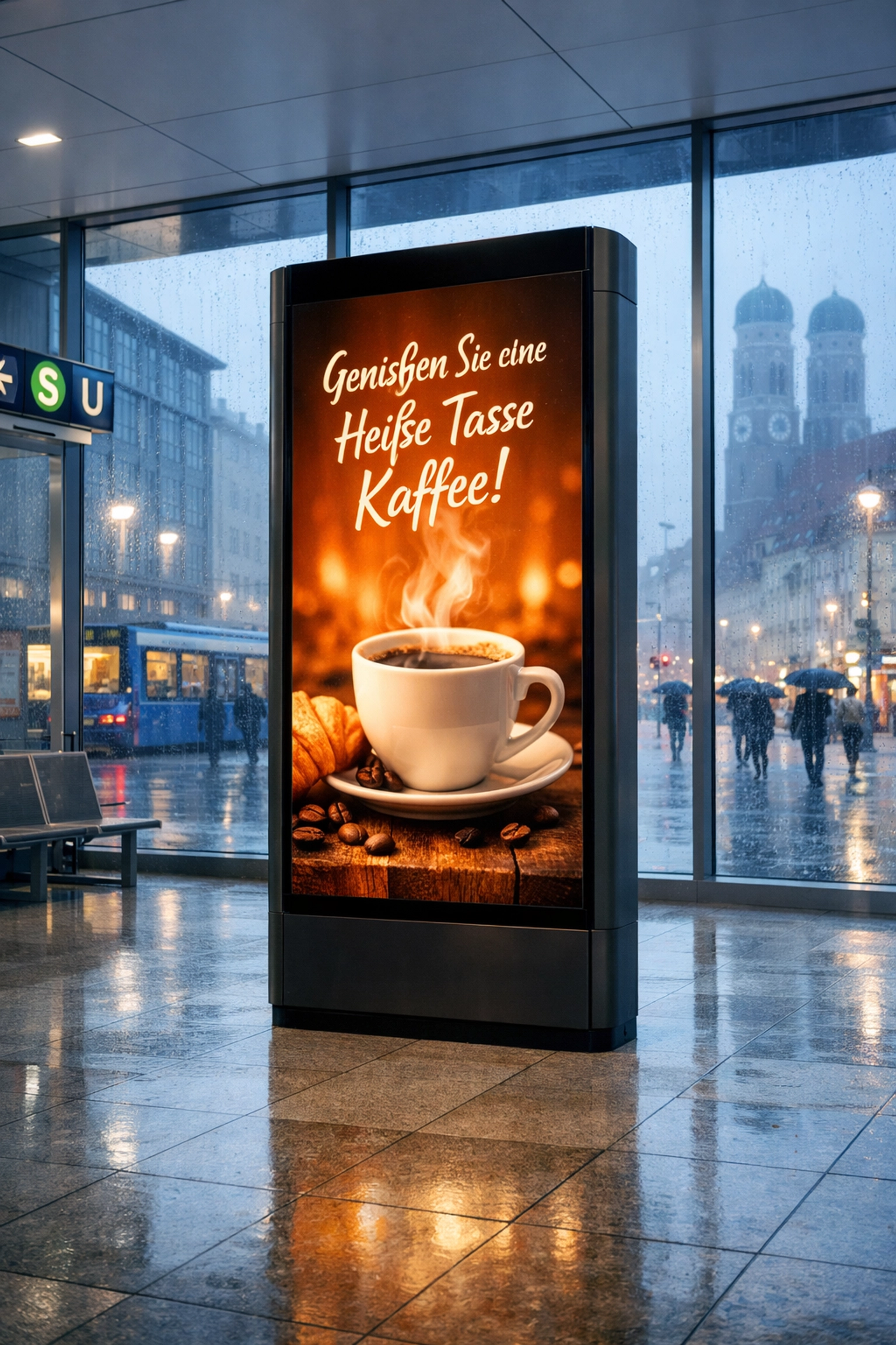 Weather-triggered digital coffee advertisement on a transit hub pillar in Munich.