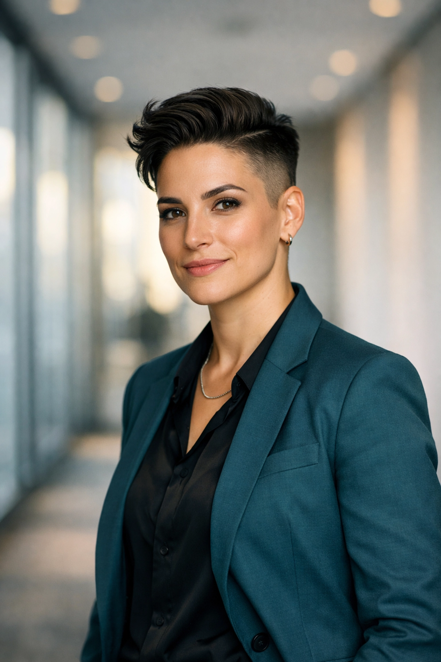 Confident non-binary professional in a modern office representing career empowerment for the LGBTQ+ community.