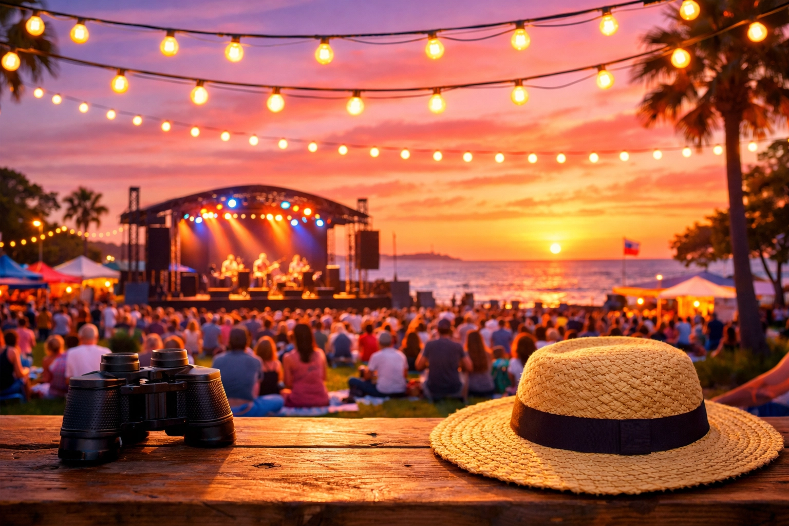 Outdoor music festival at sunset with string lights and a stage, celebrating community joy and resilience