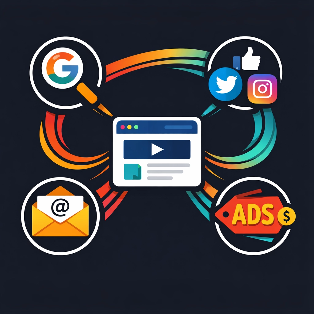 Multiple digital marketing traffic sources flowing to website for lead generation