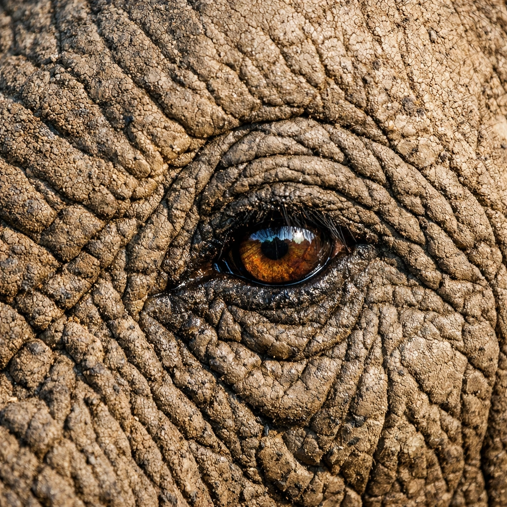 Macro photograph of an elephant's eye and skin, demonstrating high-quality imagery for wildlife campaigns.