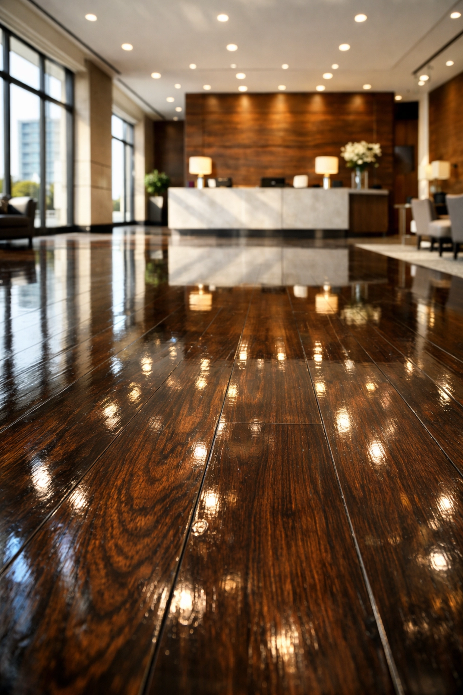 Polished lobby floors highlighting expert commercial cleaning services Westchester County NY for corporate offices.