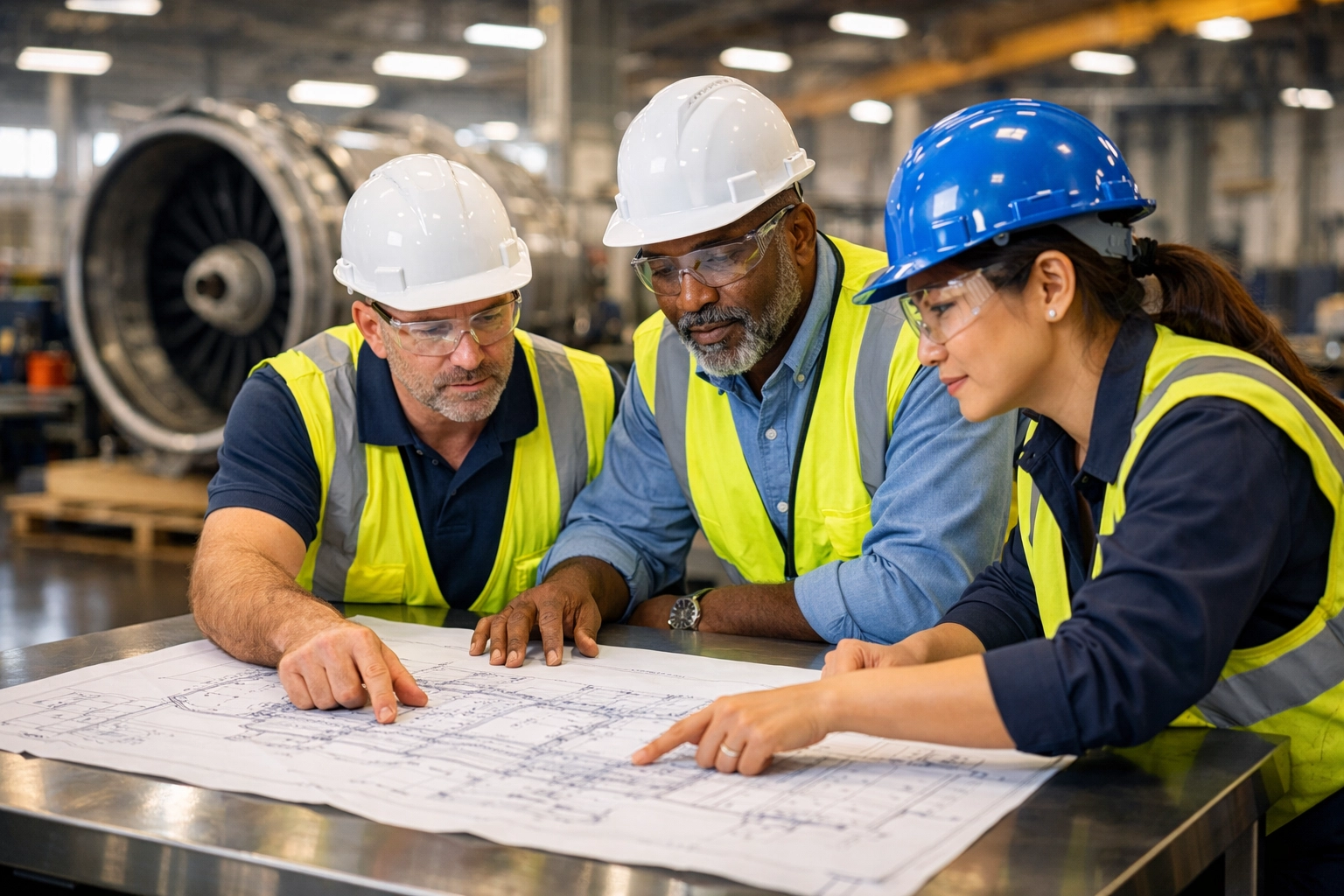 Connecticut aerospace manufacturing team collaborating on defense project blueprints in an East Hartford facility.